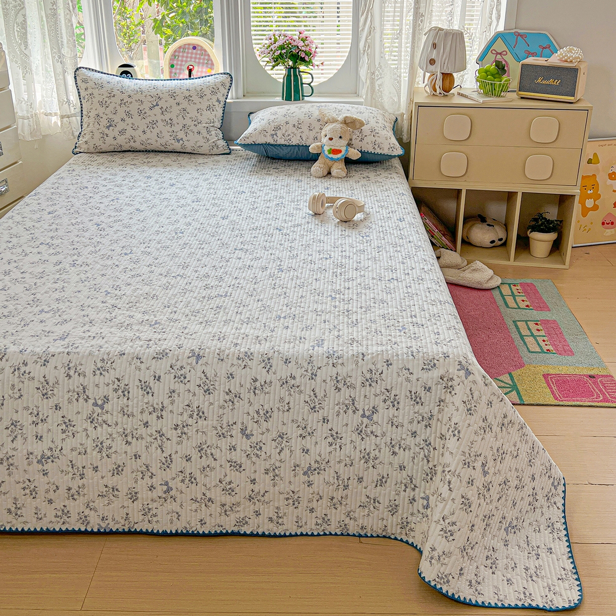 91家纺网 家纺一手货源 找家纺 恒尚居 2026新款A类贝壳绣泡芙纱床盖四套件泡芙棉双层纱床垫床褥 兰蝶小筑