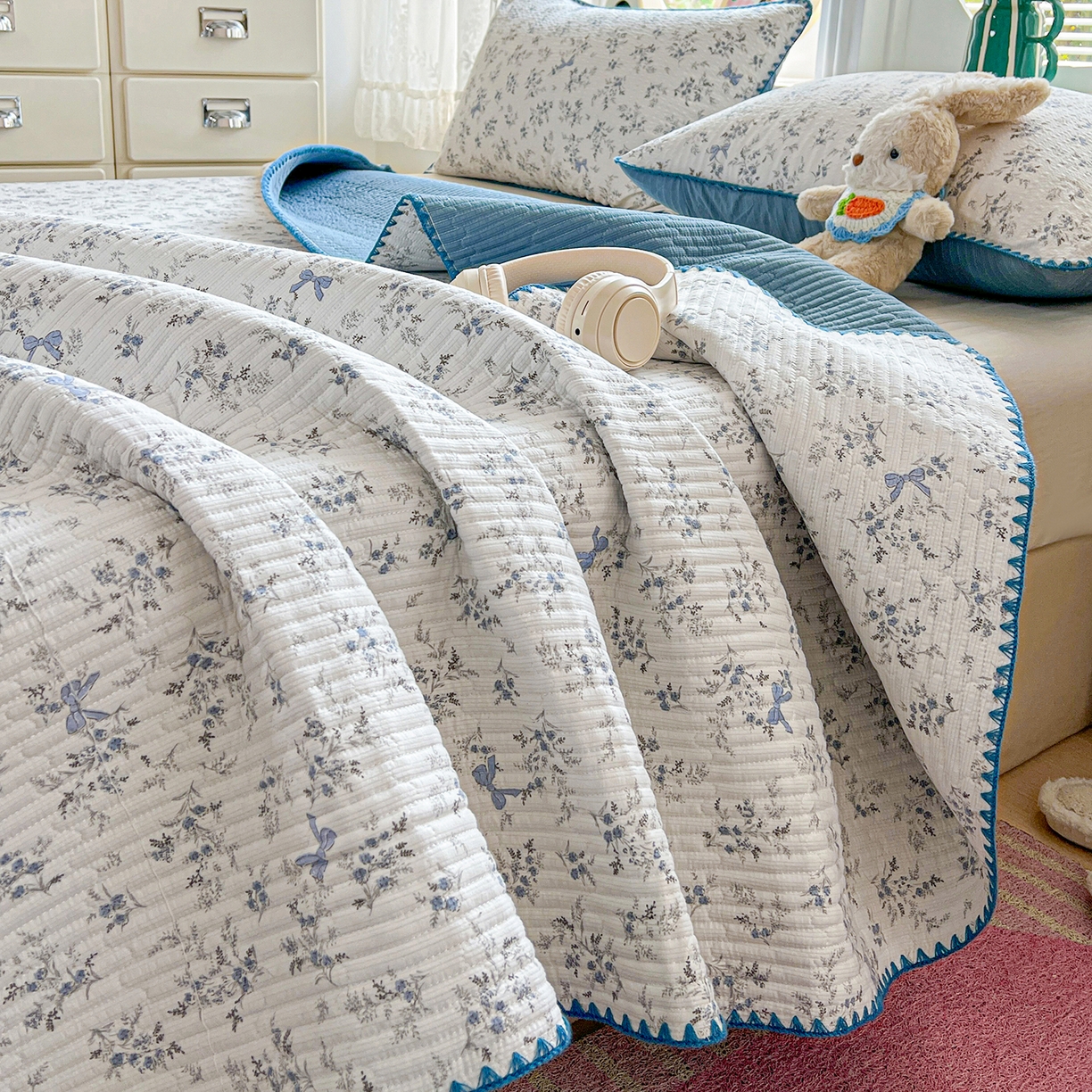 91家纺网 家纺一手货源 找家纺 恒尚居 2026新款A类贝壳绣泡芙纱床盖四套件泡芙棉双层纱床垫床褥 兰蝶小筑