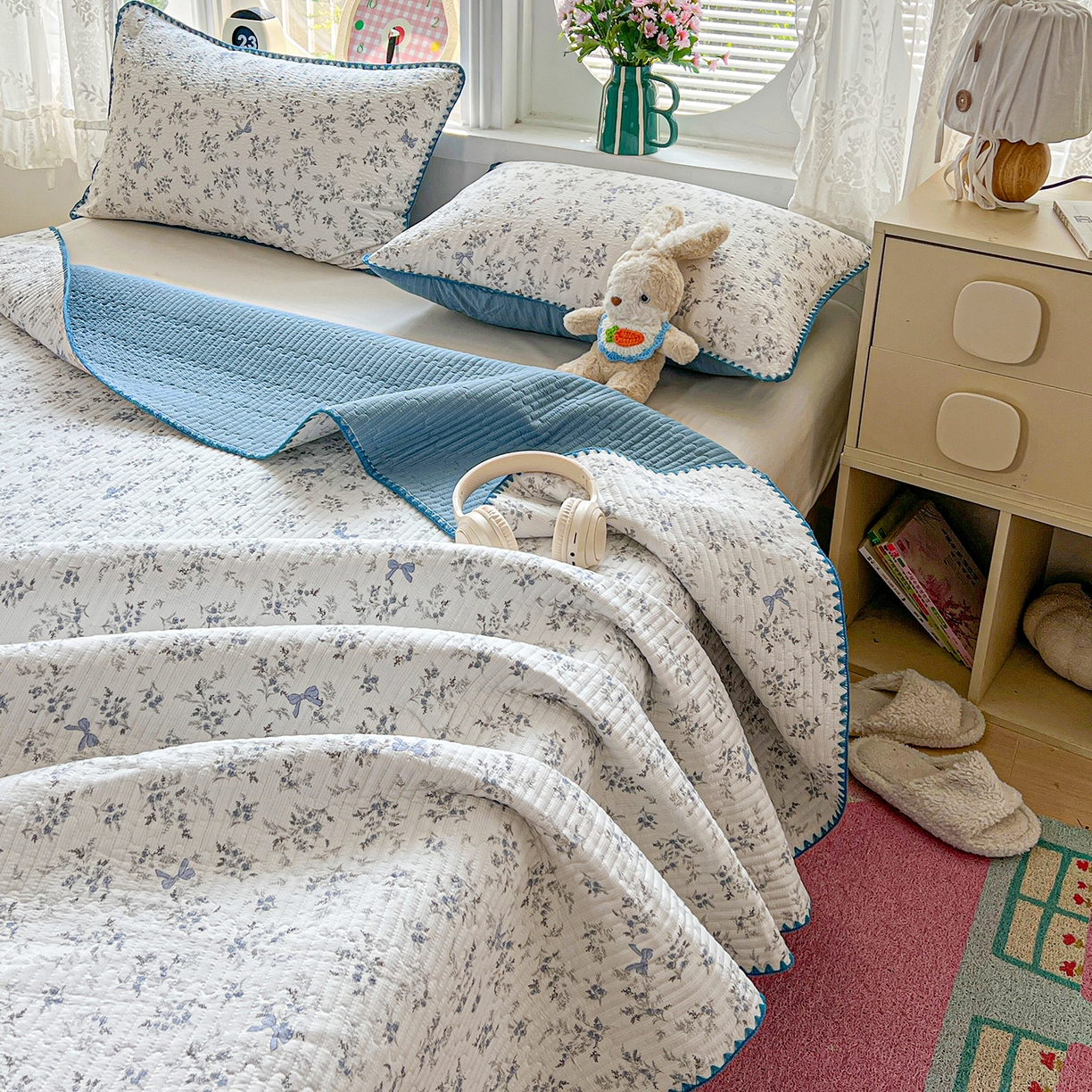 91家纺网 家纺一手货源 找家纺 恒尚居 2026新款A类贝壳绣泡芙纱床盖四套件泡芙棉双层纱床垫床褥 兰蝶小筑