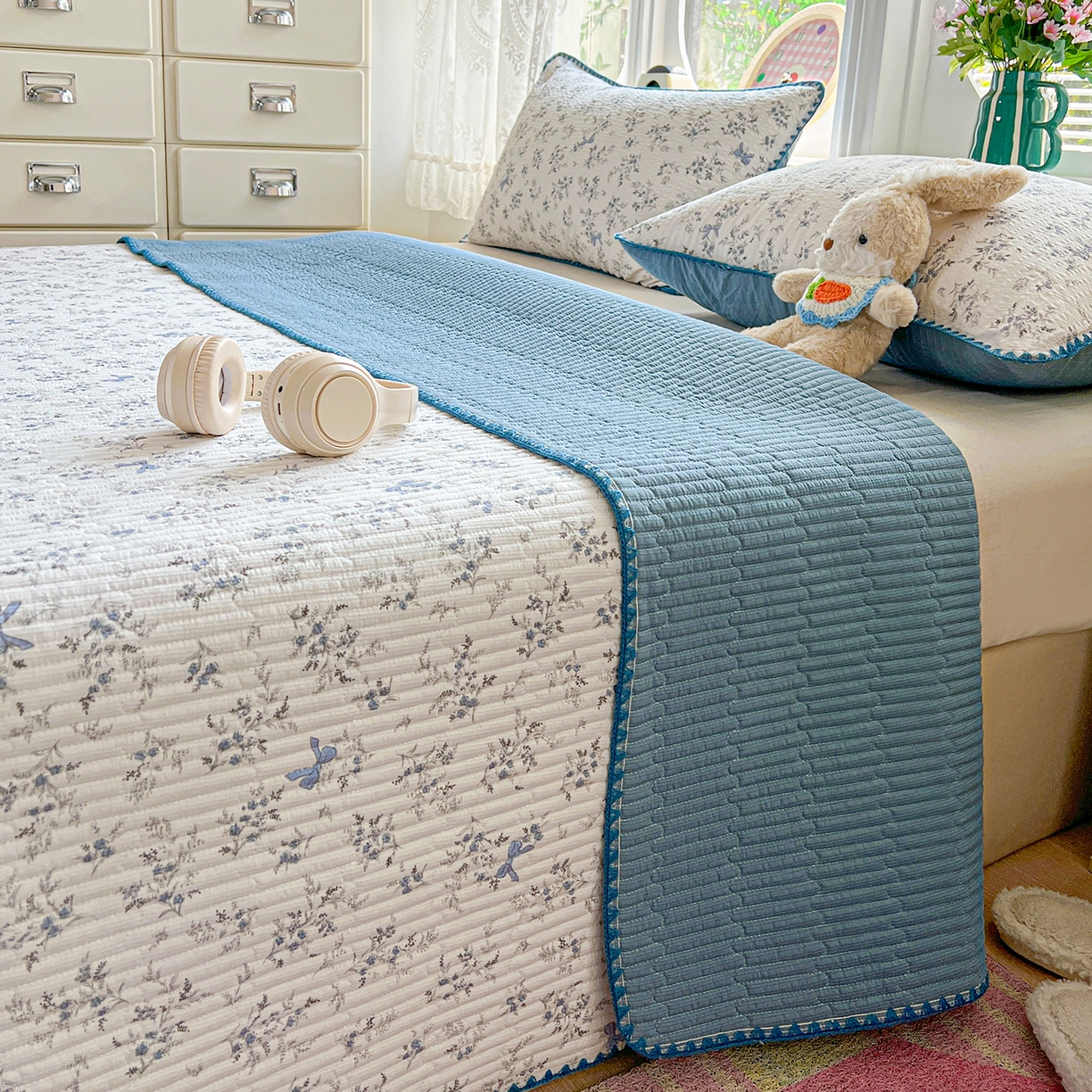 91家纺网 家纺一手货源 找家纺 恒尚居 2026新款A类贝壳绣泡芙纱床盖四套件泡芙棉双层纱床垫床褥 兰蝶小筑