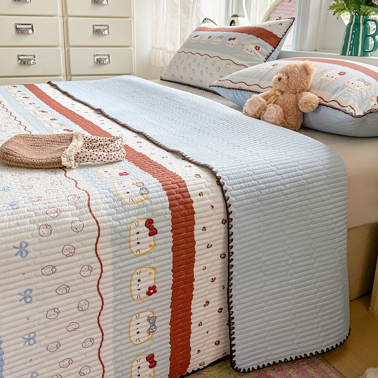 91家纺网 家纺一手货源 找家纺 恒尚居 2026新款A类贝壳绣泡芙纱床盖四套件泡芙棉双层纱床垫床褥 波点奶芙-蓝