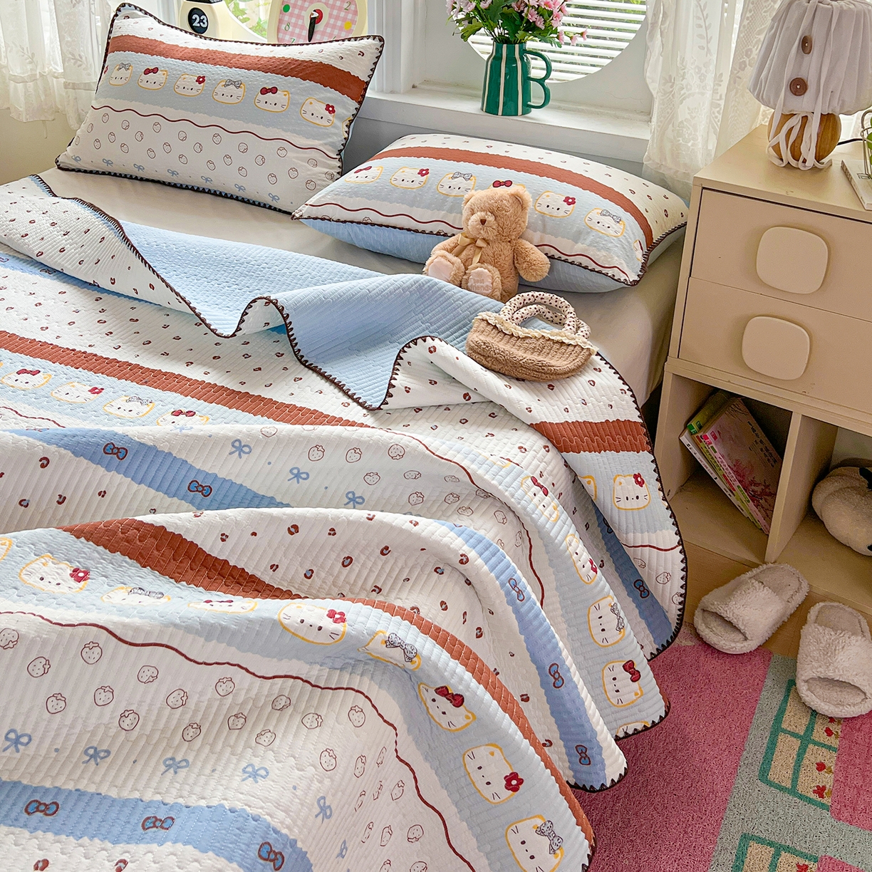 91家纺网 家纺一手货源 找家纺 恒尚居 2026新款A类贝壳绣泡芙纱床盖四套件泡芙棉双层纱床垫床褥 波点奶芙-蓝