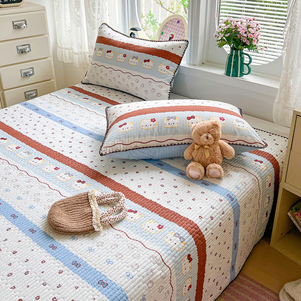 91家纺网 家纺一手货源 找家纺 恒尚居 2026新款A类贝壳绣泡芙纱床盖四套件泡芙棉双层纱床垫床褥 波点奶芙-蓝