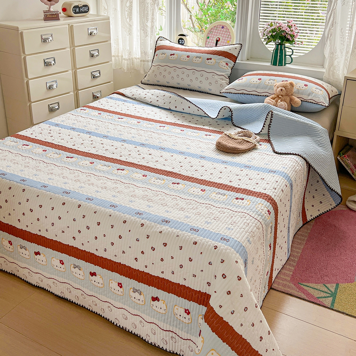 91家纺网 家纺一手货源 找家纺 恒尚居 2026新款A类贝壳绣泡芙纱床盖四套件泡芙棉双层纱床垫床褥 波点奶芙-蓝