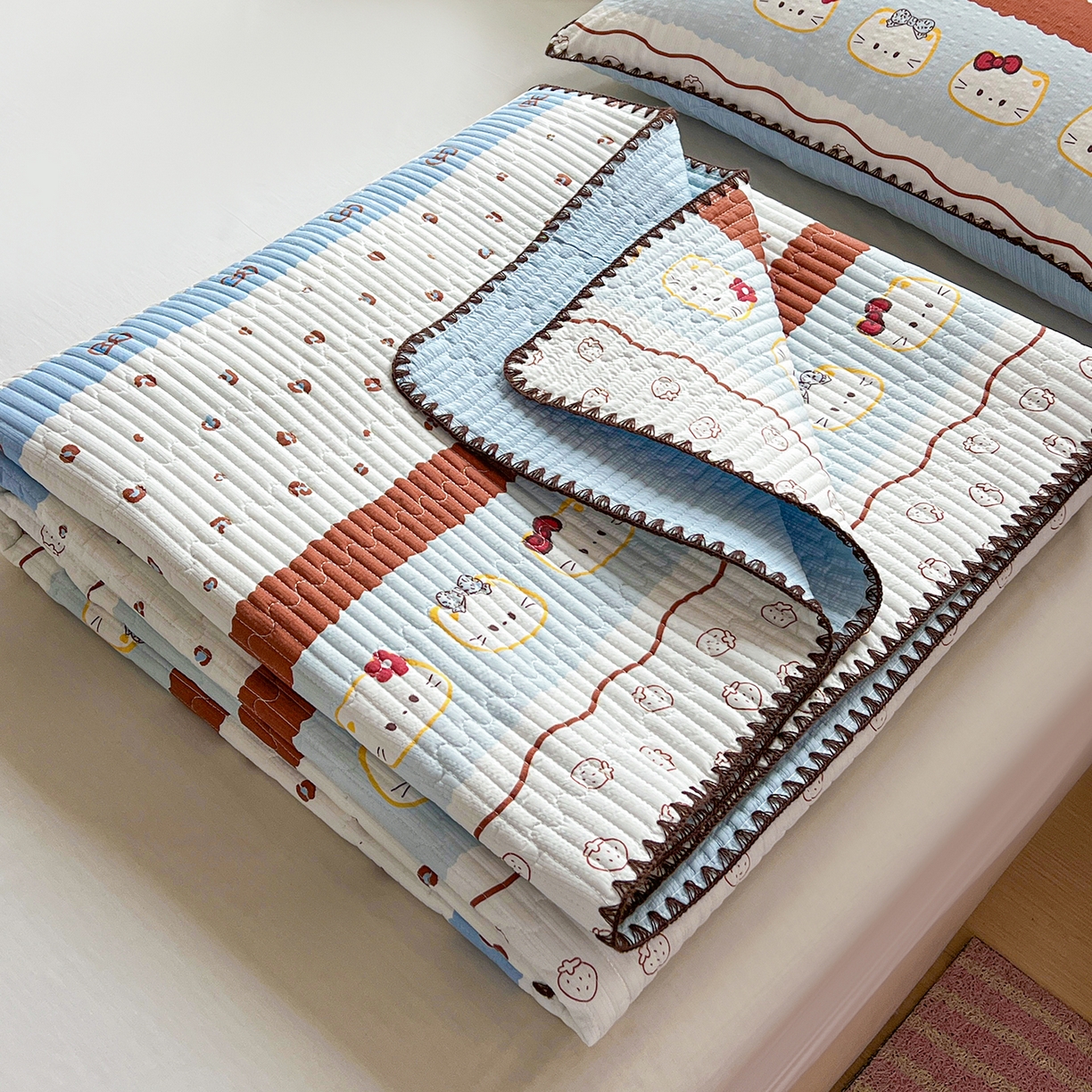 91家纺网 家纺一手货源 找家纺 恒尚居 2026新款A类贝壳绣泡芙纱床盖四套件泡芙棉双层纱床垫床褥 波点奶芙-蓝