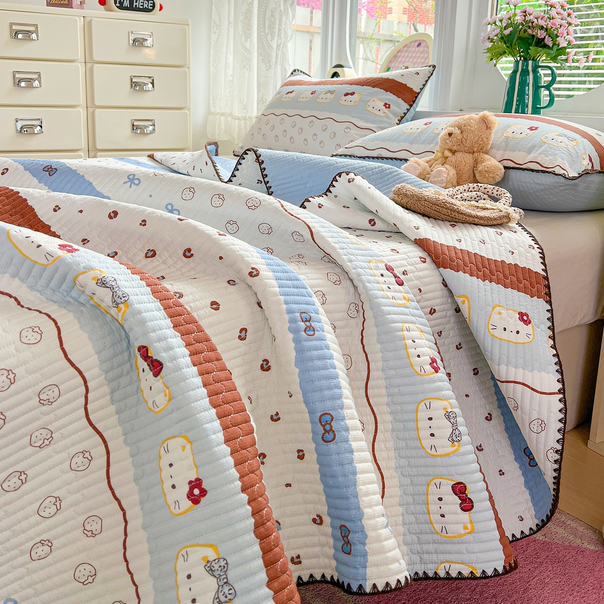 91家纺网 家纺一手货源 找家纺 恒尚居 2026新款A类贝壳绣泡芙纱床盖四套件泡芙棉双层纱床垫床褥 波点奶芙-蓝