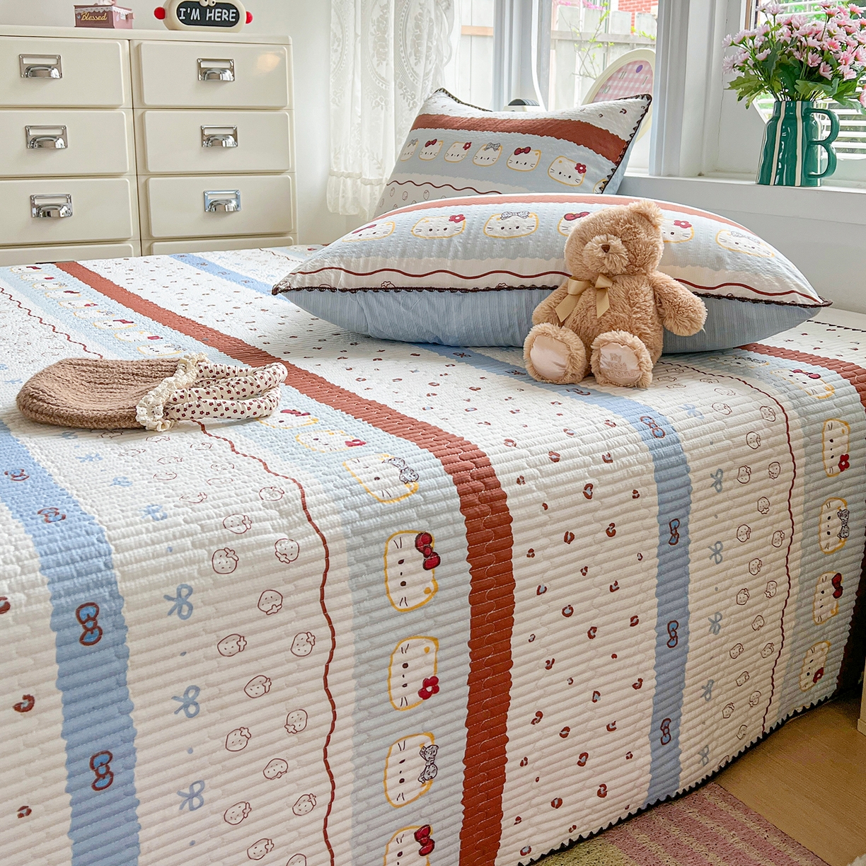 91家纺网 家纺一手货源 找家纺 恒尚居 2026新款A类贝壳绣泡芙纱床盖四套件泡芙棉双层纱床垫床褥 波点奶芙-蓝