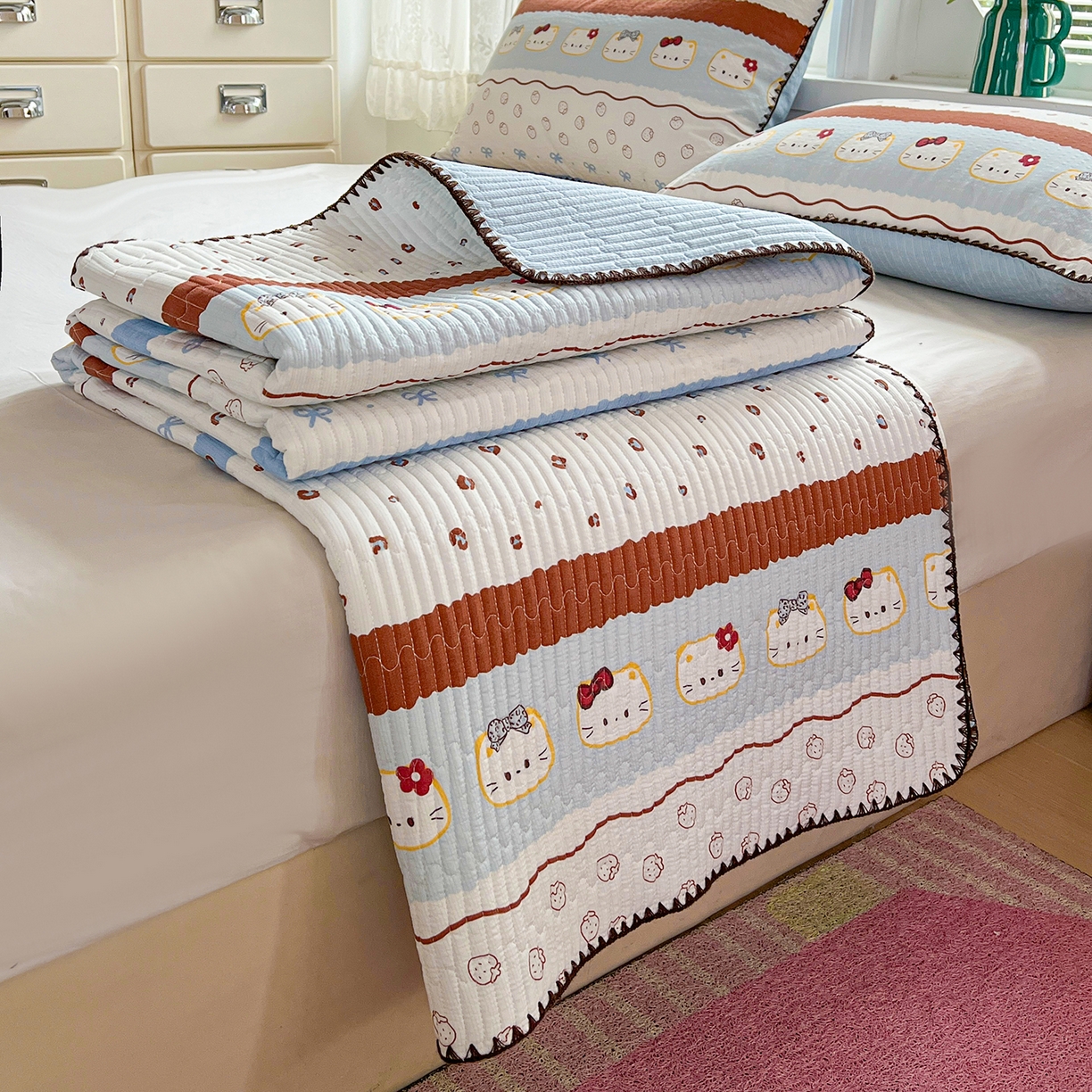 91家纺网 家纺一手货源 找家纺 恒尚居 2026新款A类贝壳绣泡芙纱床盖四套件泡芙棉双层纱床垫床褥 波点奶芙-蓝