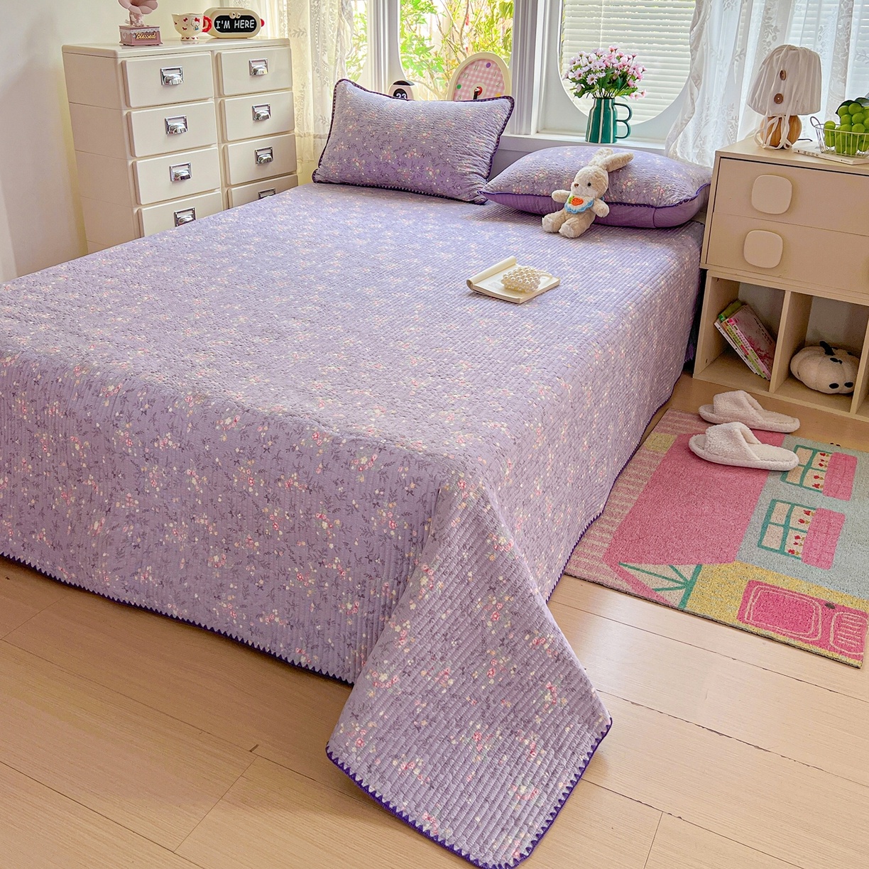 91家纺网 家纺一手货源 找家纺 恒尚居 2026新款A类贝壳绣泡芙纱床盖四套件泡芙棉双层纱床垫床褥 花间紫