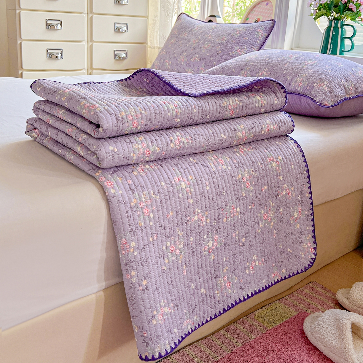 91家纺网 家纺一手货源 找家纺 恒尚居 2026新款A类贝壳绣泡芙纱床盖四套件泡芙棉双层纱床垫床褥 花间紫