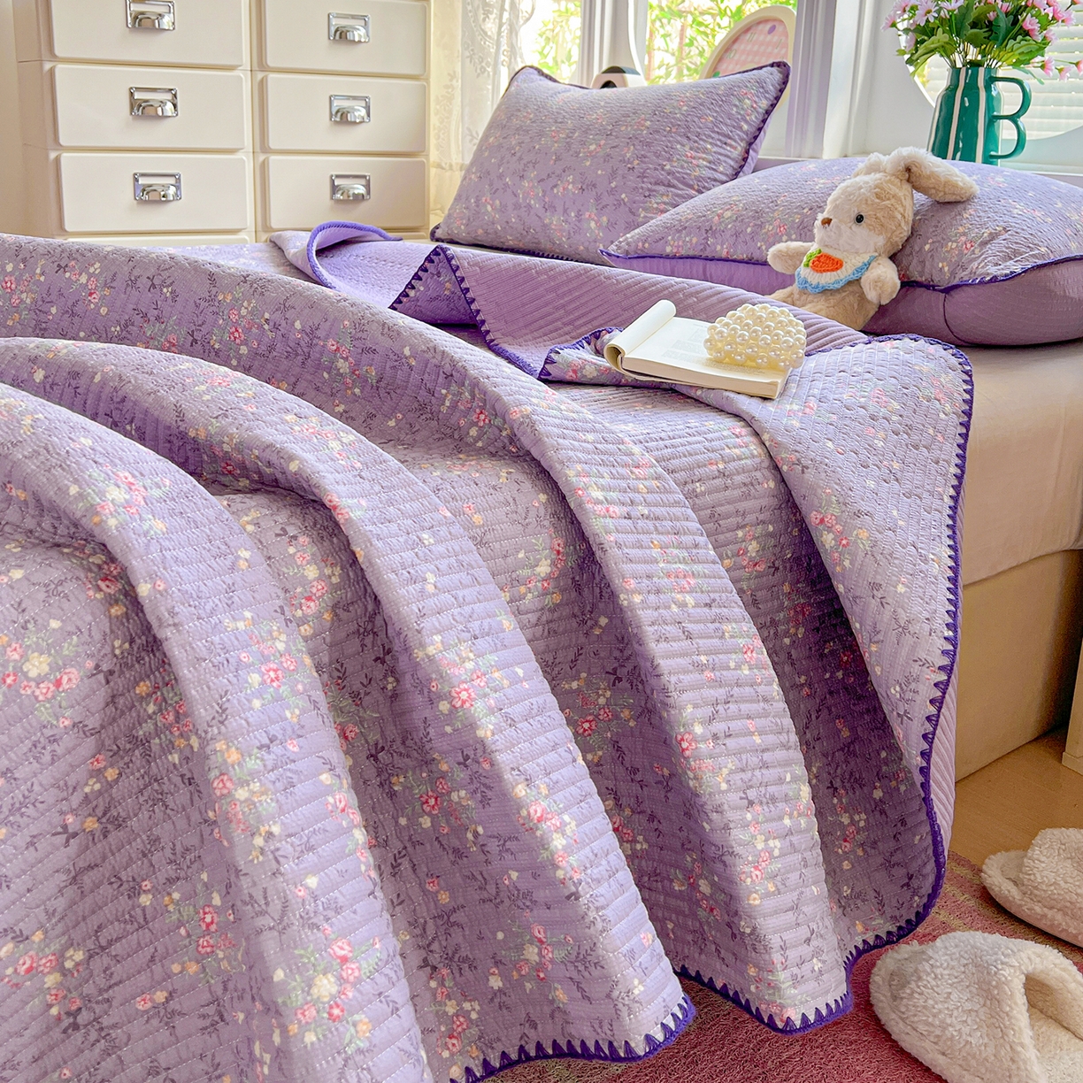 91家纺网 家纺一手货源 找家纺 恒尚居 2026新款A类贝壳绣泡芙纱床盖四套件泡芙棉双层纱床垫床褥 花间紫