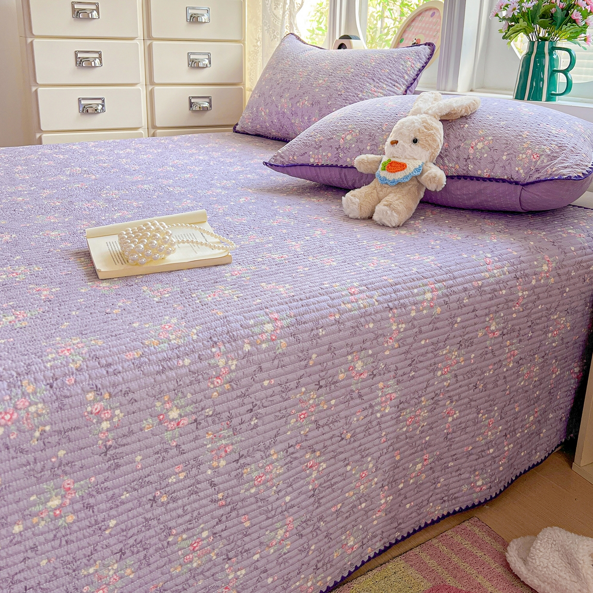 91家纺网 家纺一手货源 找家纺 恒尚居 2026新款A类贝壳绣泡芙纱床盖四套件泡芙棉双层纱床垫床褥 花间紫