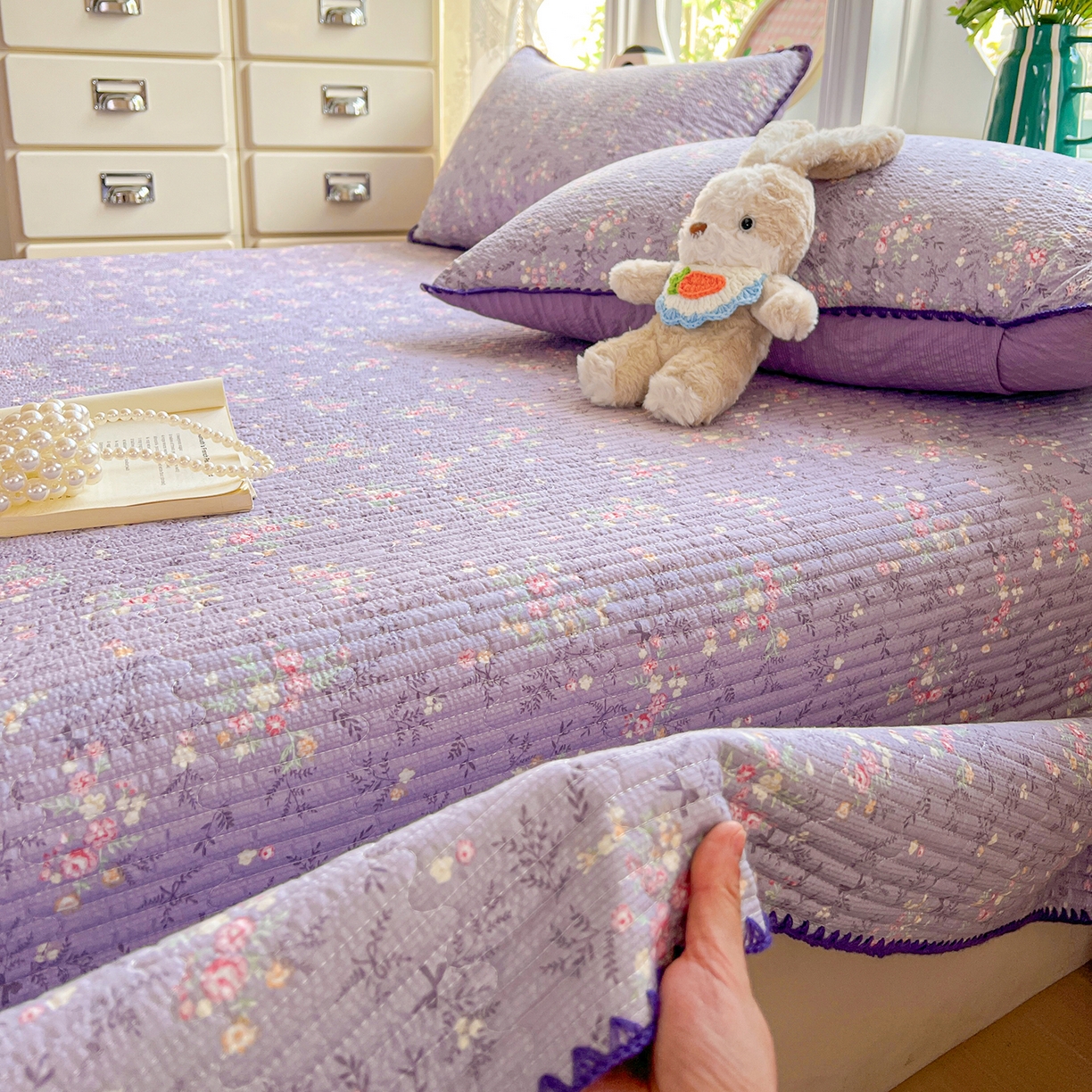 91家纺网 家纺一手货源 找家纺 恒尚居 2026新款A类贝壳绣泡芙纱床盖四套件泡芙棉双层纱床垫床褥 花间紫