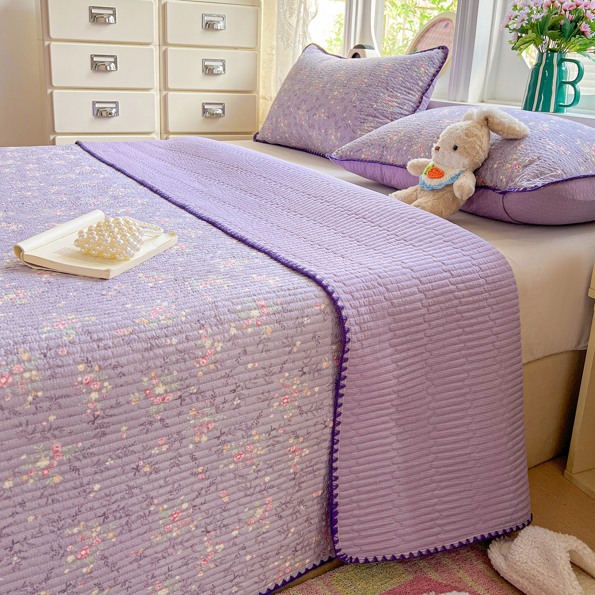 91家纺网 家纺一手货源 找家纺 恒尚居 2026新款A类贝壳绣泡芙纱床盖四套件泡芙棉双层纱床垫床褥 花间紫