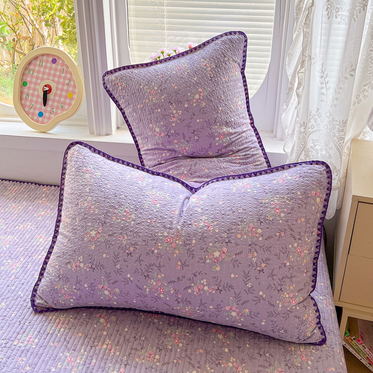 91家纺网 家纺一手货源 找家纺 恒尚居 2026新款A类贝壳绣泡芙纱床盖四套件泡芙棉双层纱床垫床褥 花间紫