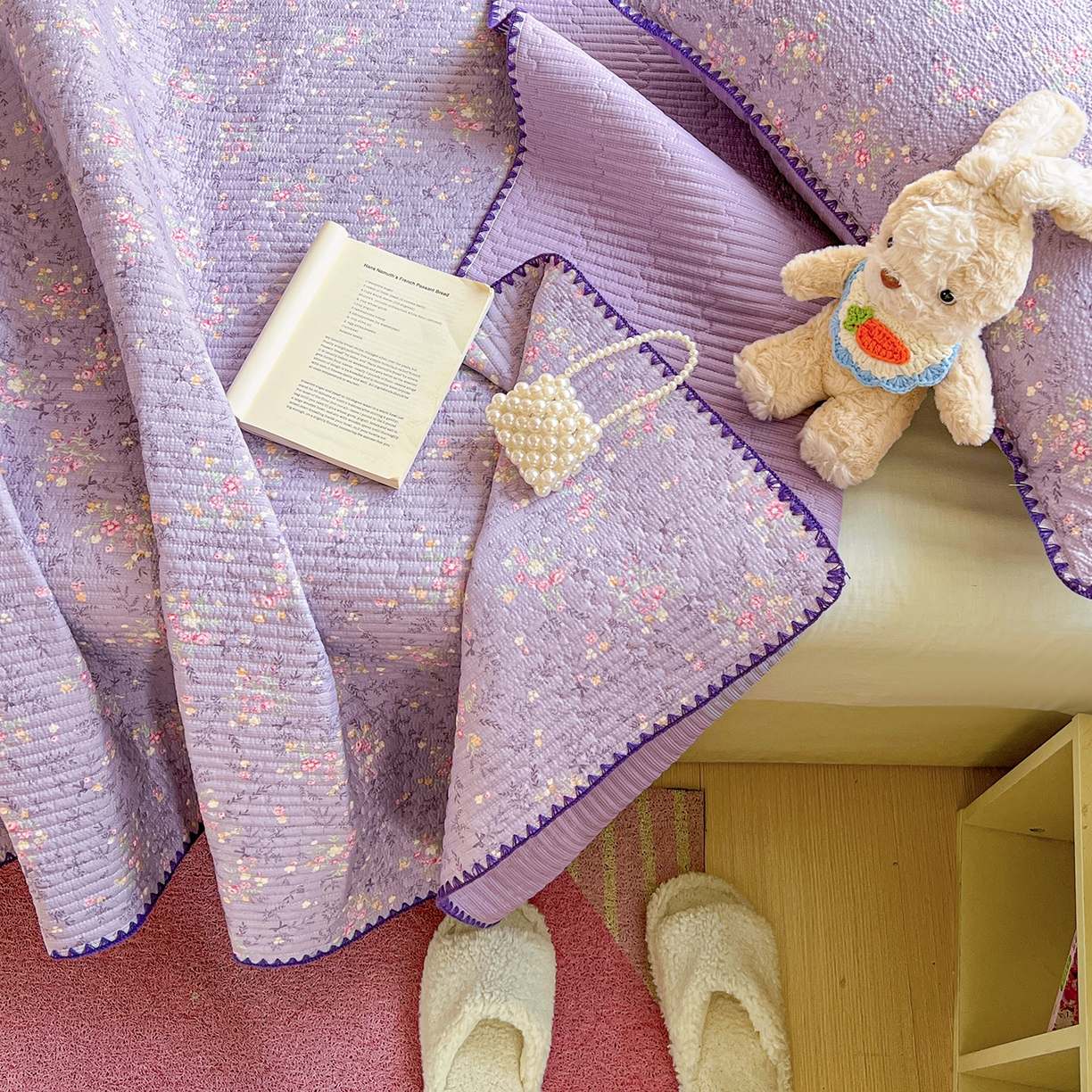 91家纺网 家纺一手货源 找家纺 恒尚居 2026新款A类贝壳绣泡芙纱床盖四套件泡芙棉双层纱床垫床褥 花间紫