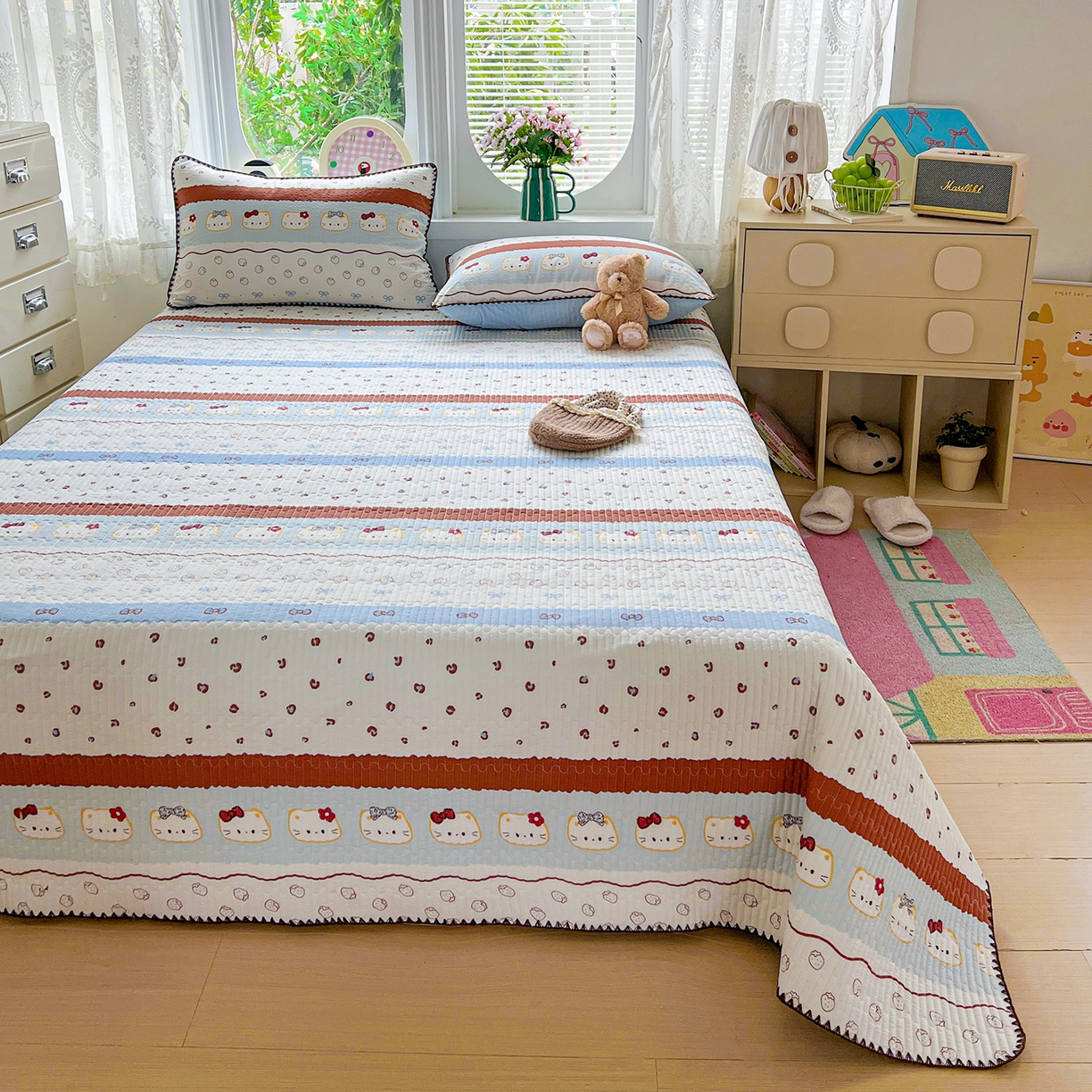 91家纺网 家纺一手货源 找家纺 恒尚居 2026新款A类贝壳绣泡芙纱床盖四套件泡芙棉双层纱床垫床褥 波点奶芙-蓝