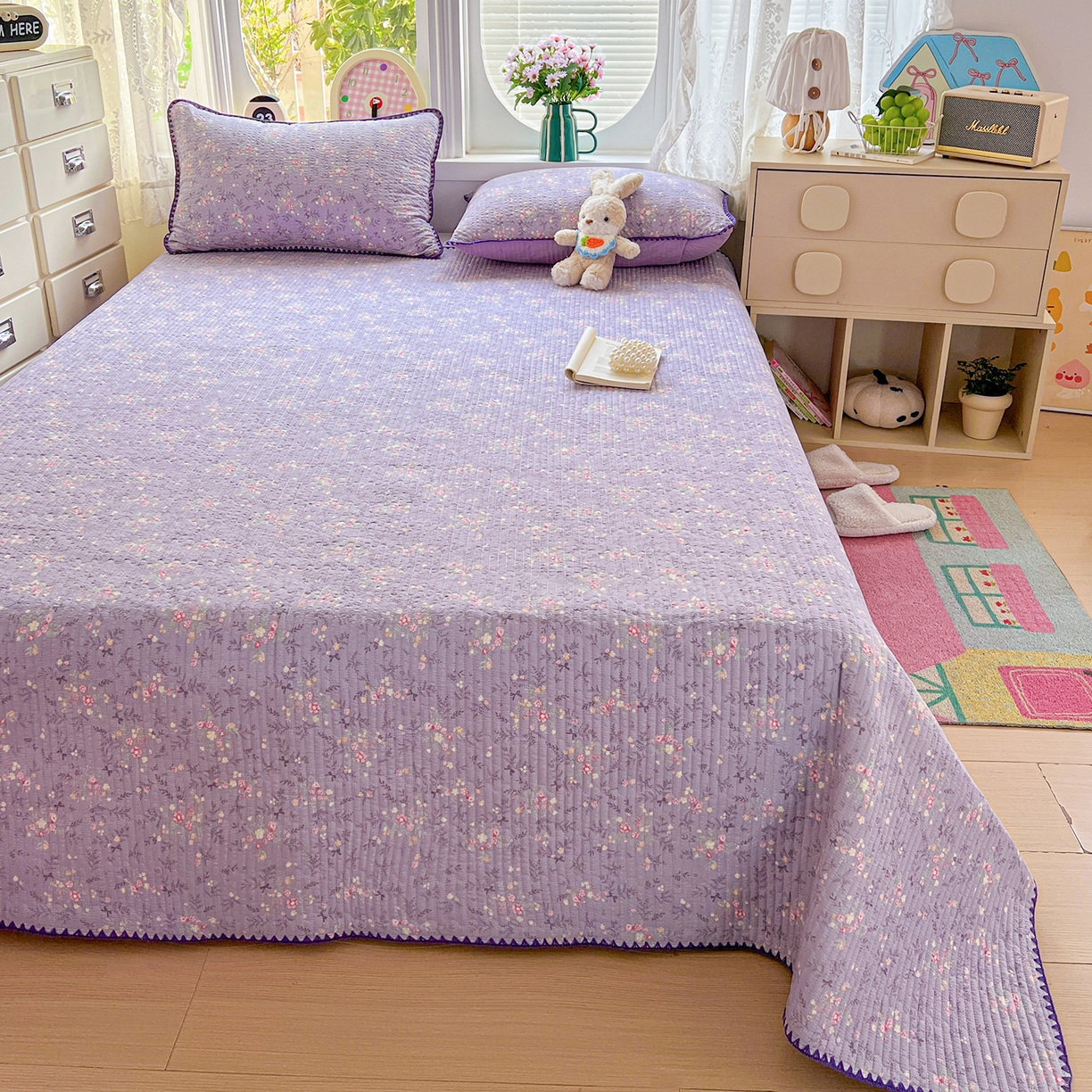 91家纺网 家纺一手货源 找家纺 恒尚居 2026新款A类贝壳绣泡芙纱床盖四套件泡芙棉双层纱床垫床褥 花间紫