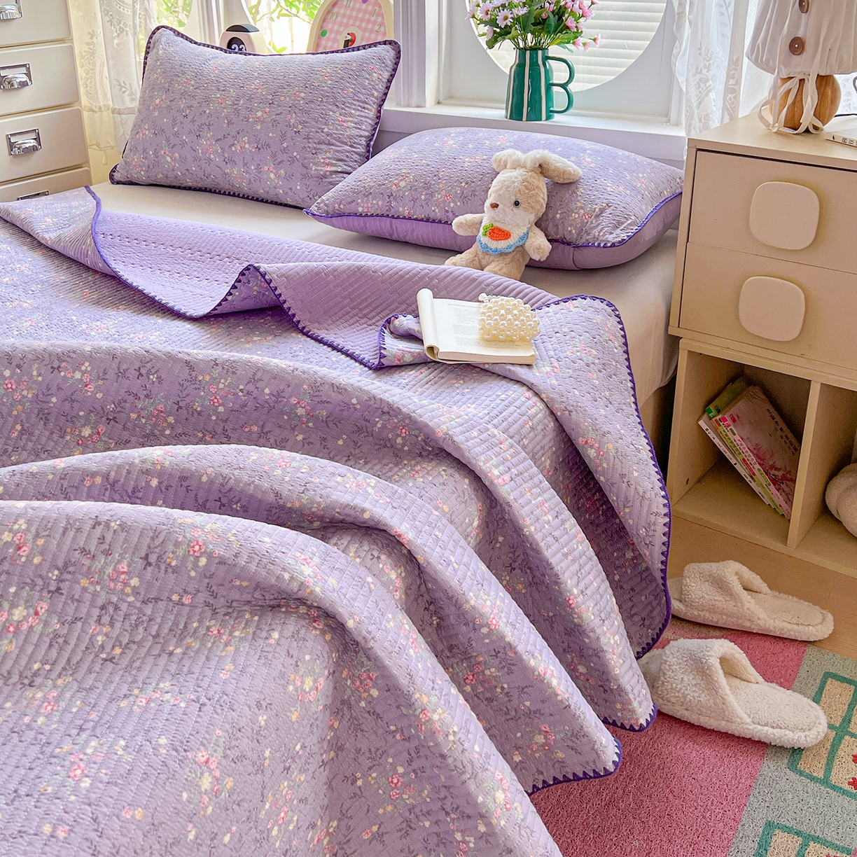 91家纺网 家纺一手货源 找家纺 恒尚居 2026新款A类贝壳绣泡芙纱床盖四套件泡芙棉双层纱床垫床褥 花间紫