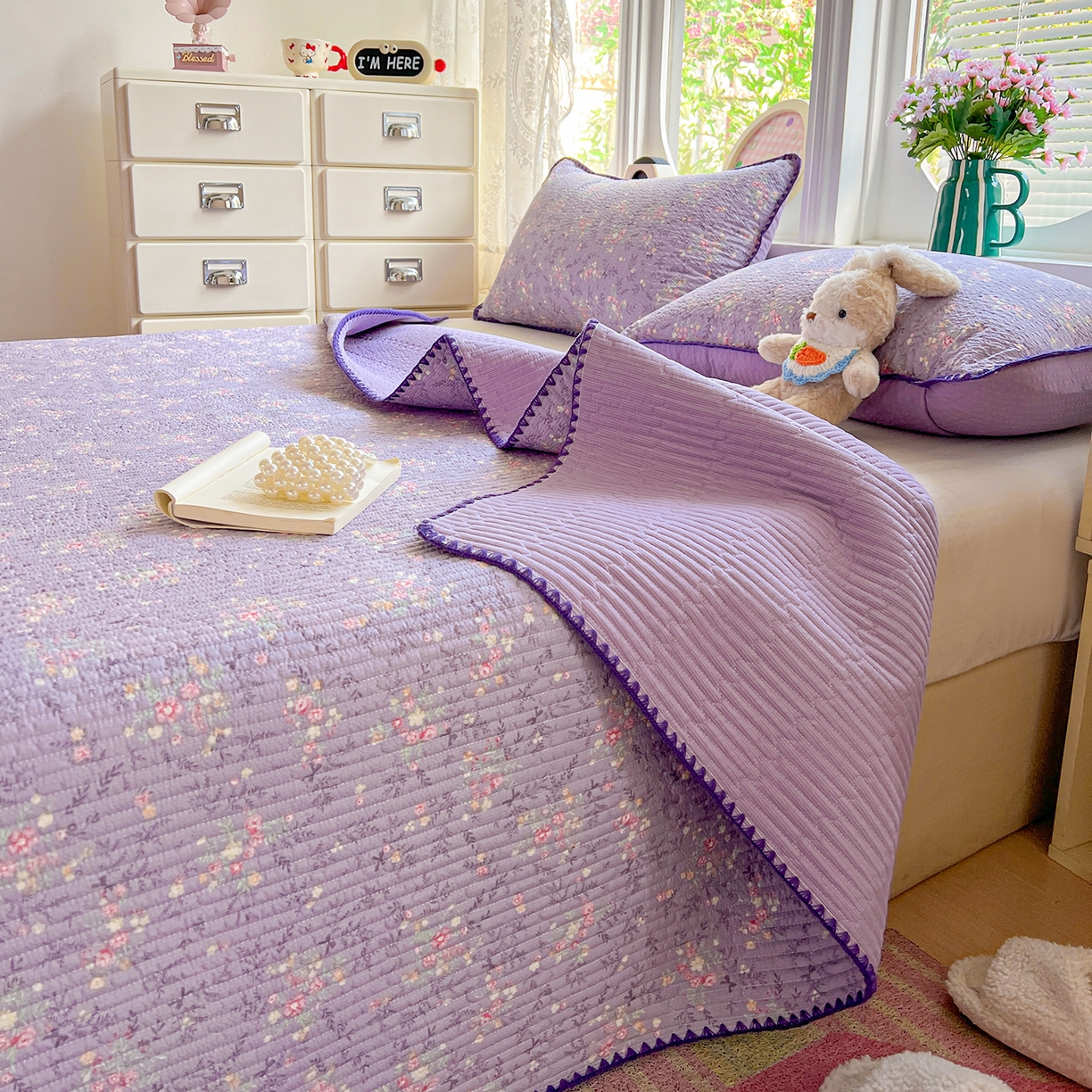 91家纺网 家纺一手货源 找家纺 恒尚居 2026新款A类贝壳绣泡芙纱床盖四套件泡芙棉双层纱床垫床褥 花间紫