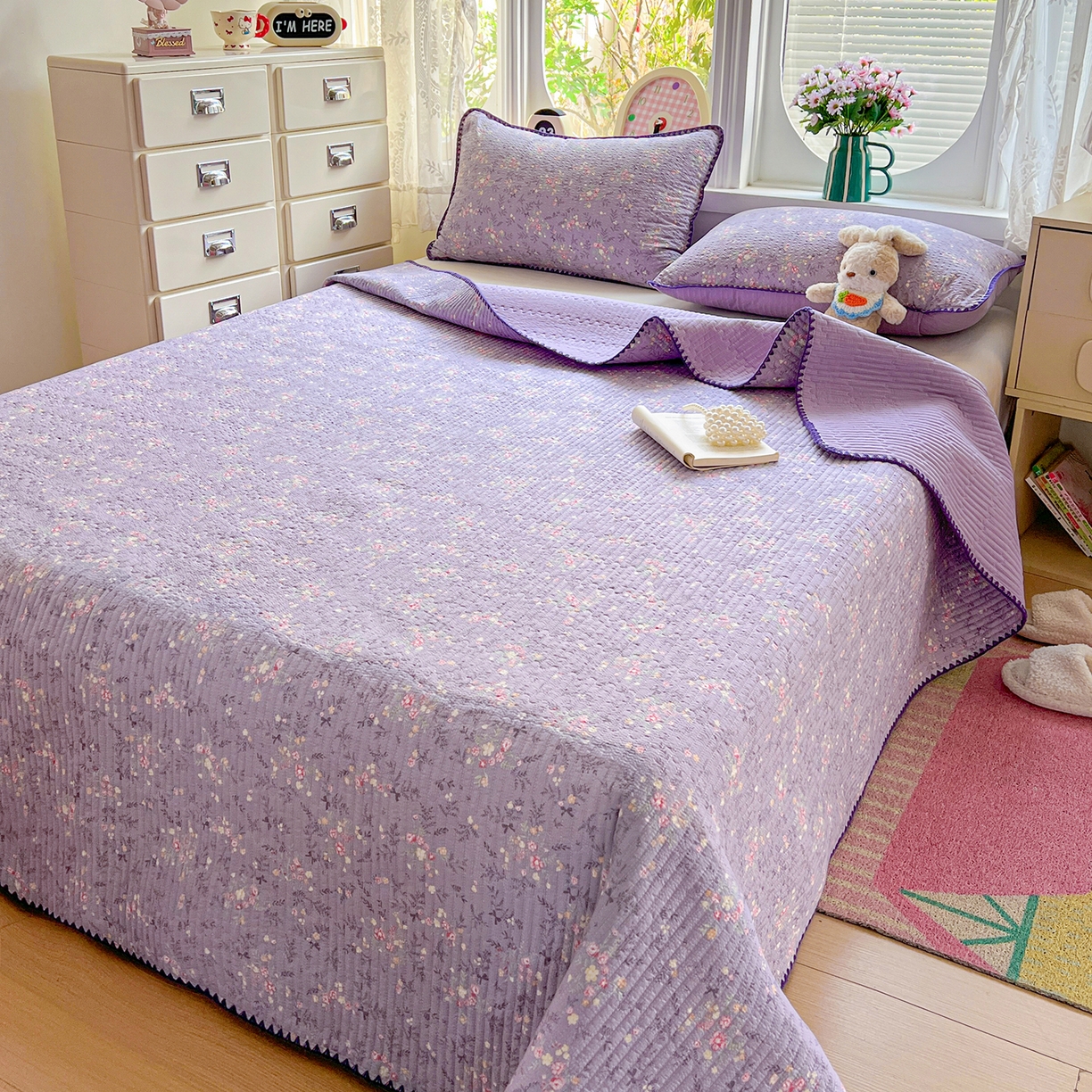 91家纺网 家纺一手货源 找家纺 恒尚居 2026新款A类贝壳绣泡芙纱床盖四套件泡芙棉双层纱床垫床褥 花间紫