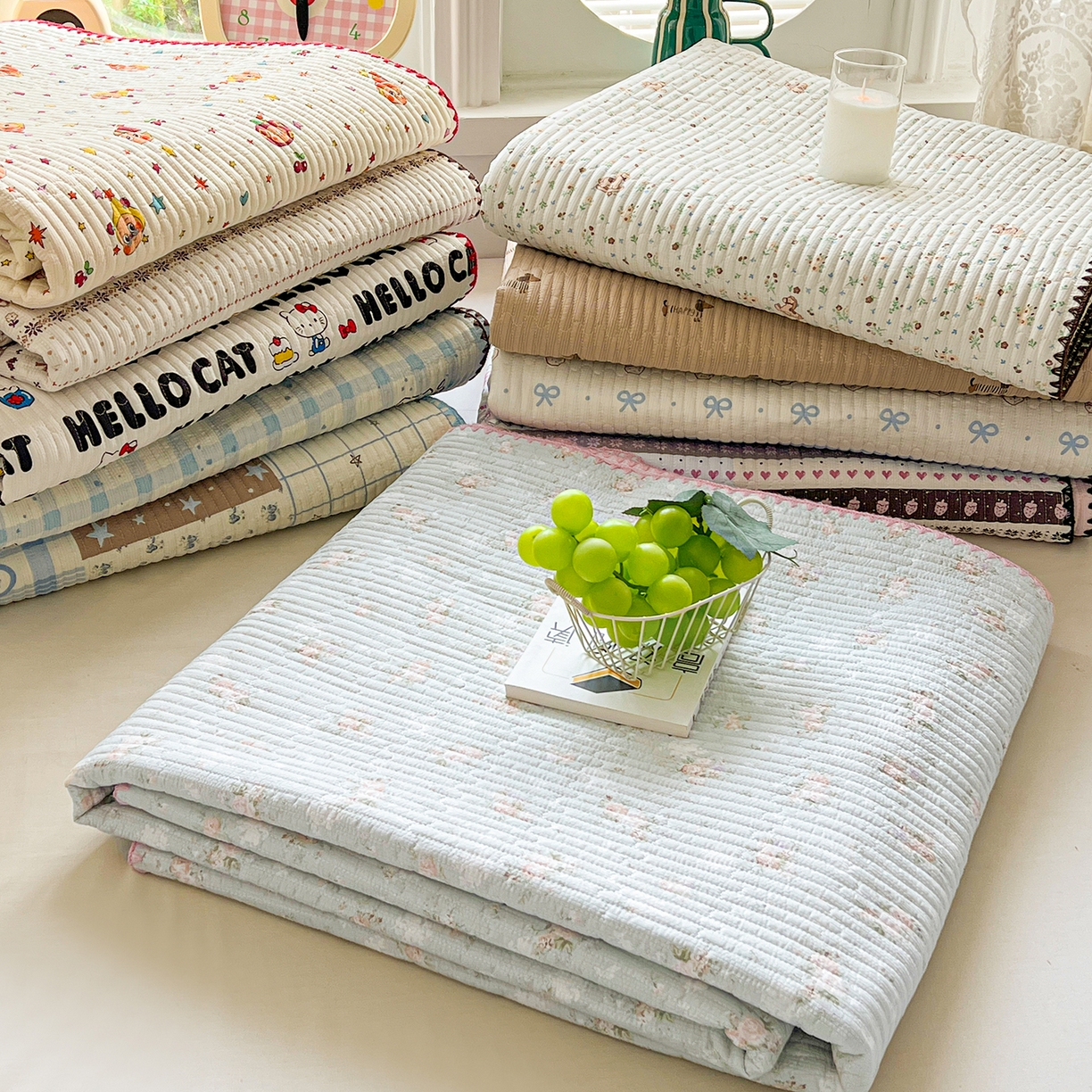 91家纺网 家纺一手货源 找家纺 恒尚居 2026新款A类贝壳绣泡芙纱床盖四套件泡芙棉双层纱床垫床褥 组合图仅做展示不可下单