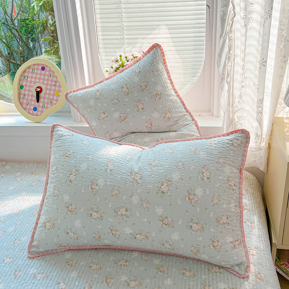 91家纺网 家纺一手货源 找家纺 恒尚居 2026新款A类贝壳绣泡芙纱床盖四套件泡芙棉双层纱床垫床褥 清新粉玫瑰