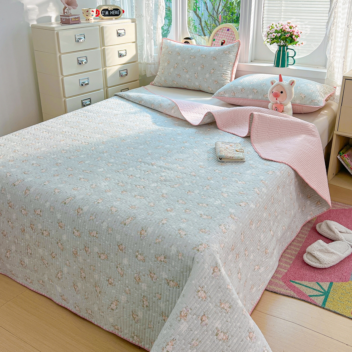 91家纺网 家纺一手货源 找家纺 恒尚居 2026新款A类贝壳绣泡芙纱床盖四套件泡芙棉双层纱床垫床褥 清新粉玫瑰