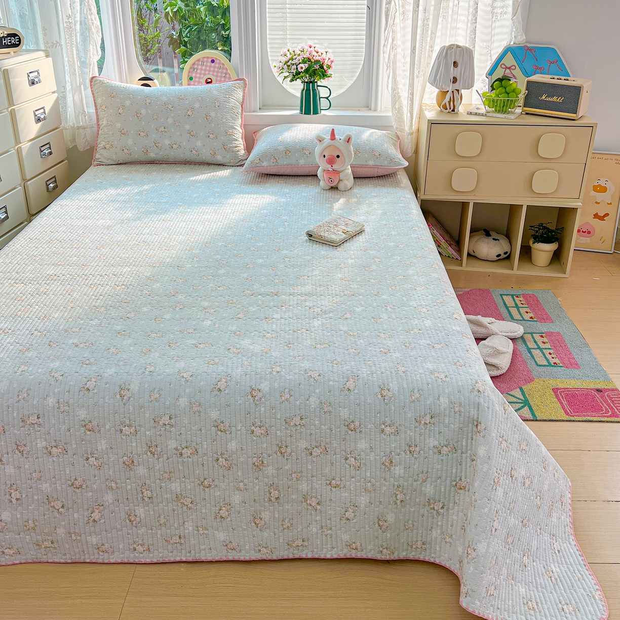 91家纺网 家纺一手货源 找家纺 恒尚居 2026新款A类贝壳绣泡芙纱床盖四套件泡芙棉双层纱床垫床褥 清新粉玫瑰