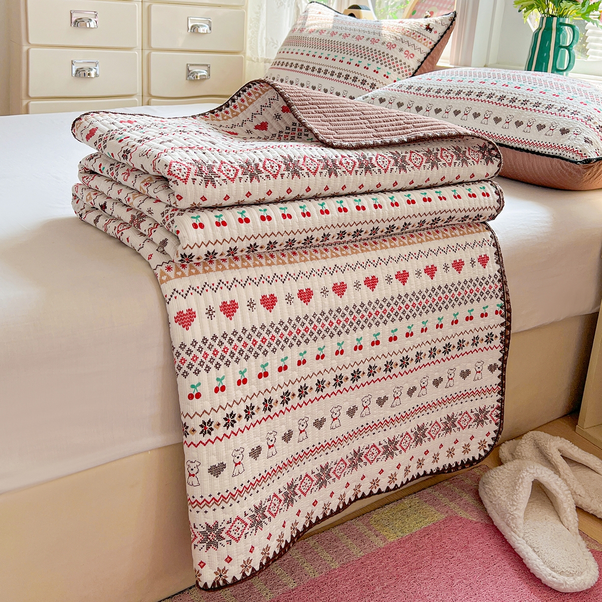 91家纺网 家纺一手货源 找家纺 恒尚居 2026新款A类贝壳绣泡芙纱床盖四套件泡芙棉双层纱床垫床褥 费尔岛小狗