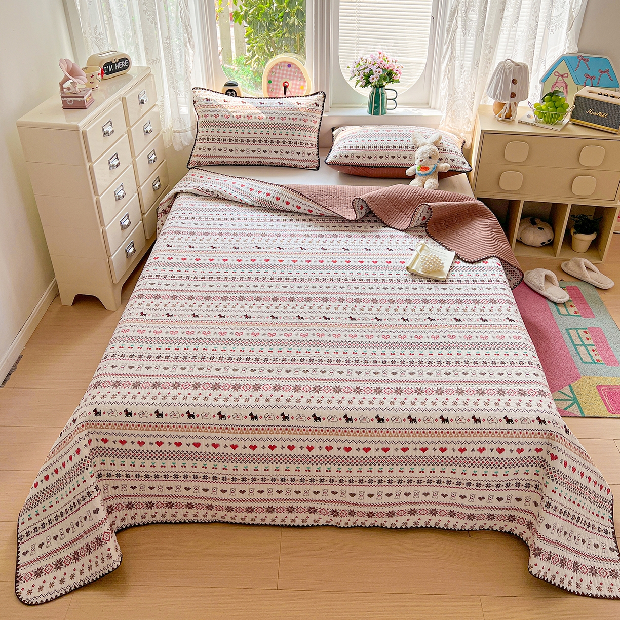 恒尚居 2026新款A类贝壳绣泡芙纱床盖四套件泡芙棉双层纱床垫床褥 费尔岛小狗