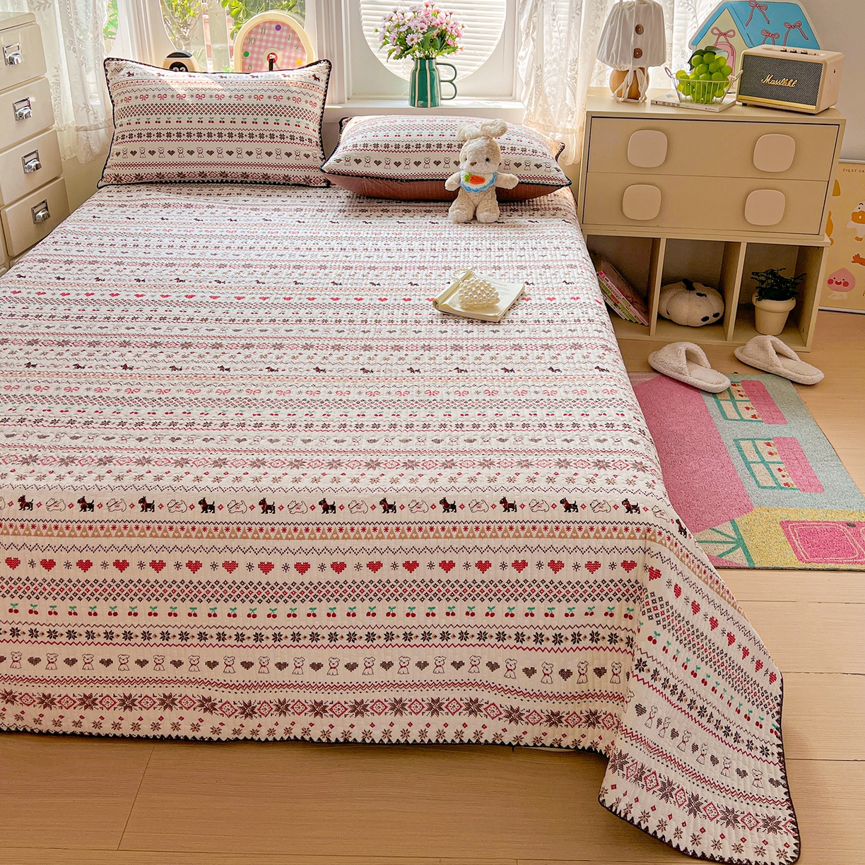 91家纺网 家纺一手货源 找家纺 恒尚居 2026新款A类贝壳绣泡芙纱床盖四套件泡芙棉双层纱床垫床褥 费尔岛小狗