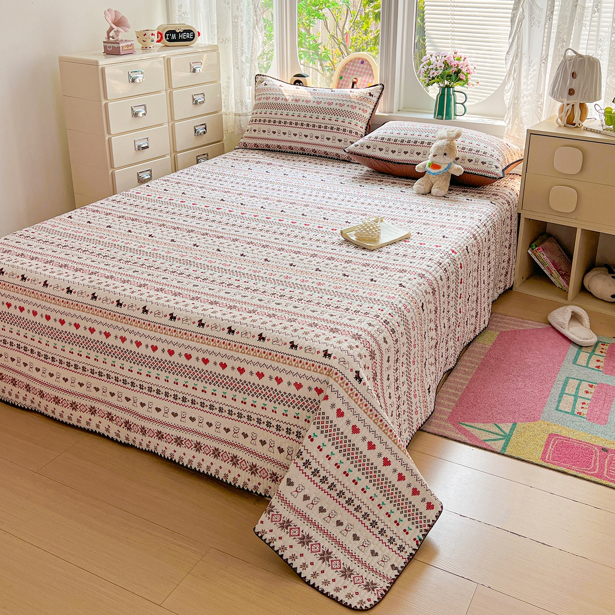 91家纺网 家纺一手货源 找家纺 恒尚居 2026新款A类贝壳绣泡芙纱床盖四套件泡芙棉双层纱床垫床褥 费尔岛小狗