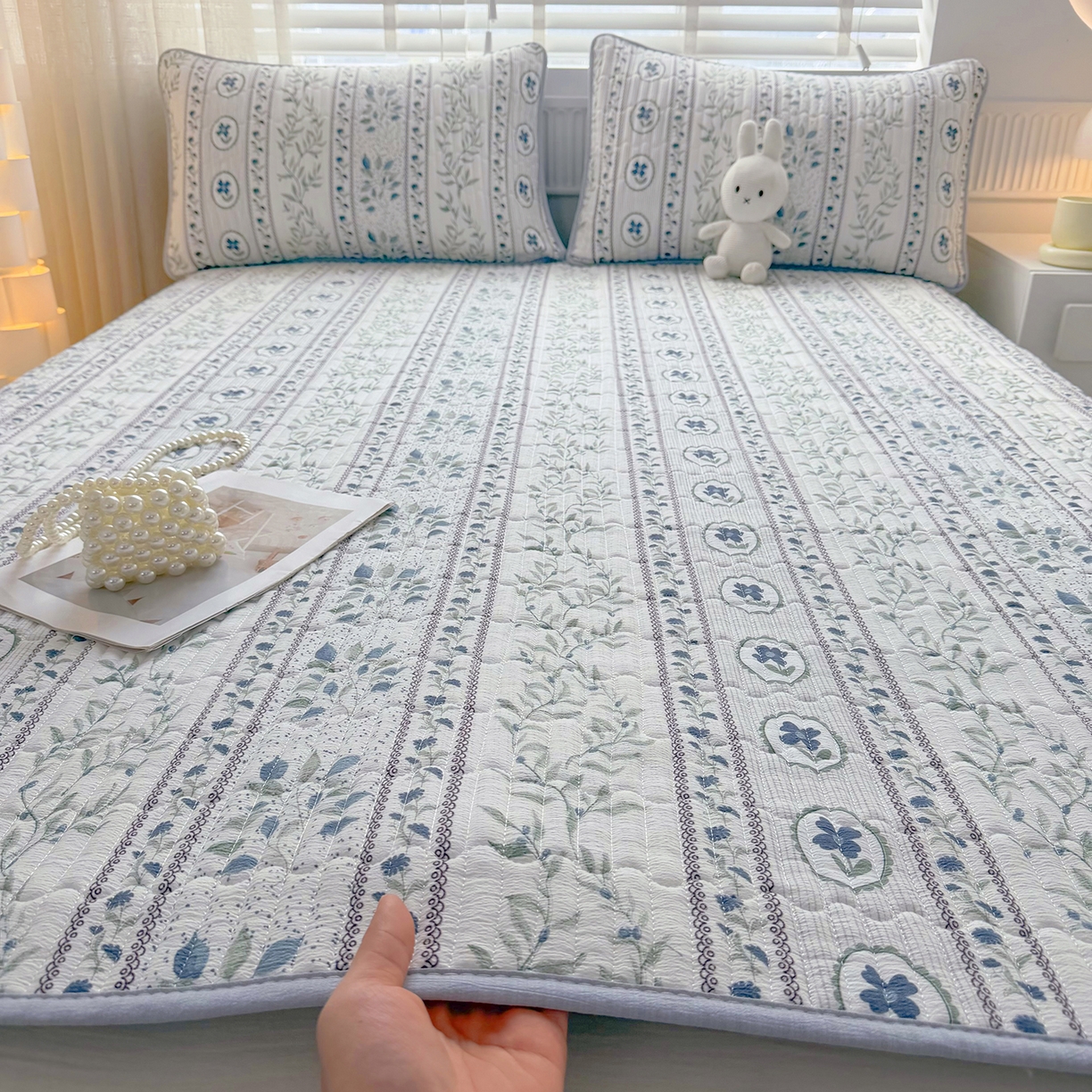 91家纺网 家纺一手货源 找家纺 悠米悠家 2026春夏新款木棉双层纱单床盖 床盖单件 青屿花园