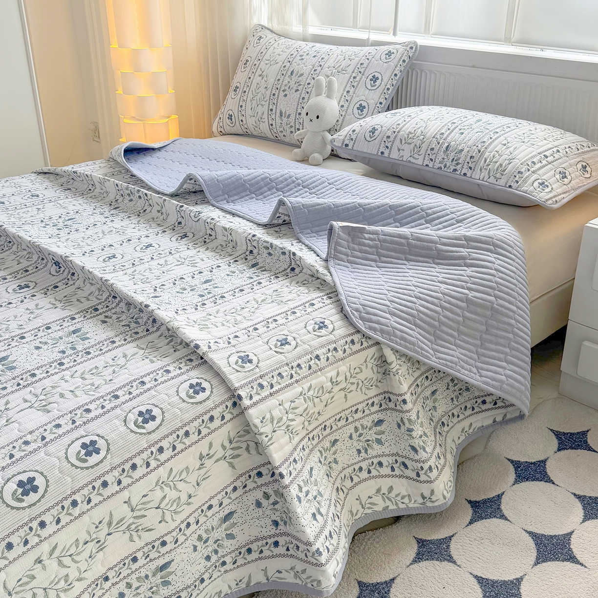 91家纺网 家纺一手货源 找家纺 悠米悠家 2026春夏新款木棉双层纱单床盖 床盖单件 青屿花园