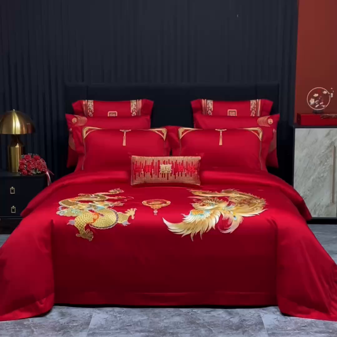 91家纺网 家纺一手货源 找家纺 蒂爵 2026婚庆新疆长绒棉纯棉原版大绣花婚庆四件套多件套340系列 东方婚礼