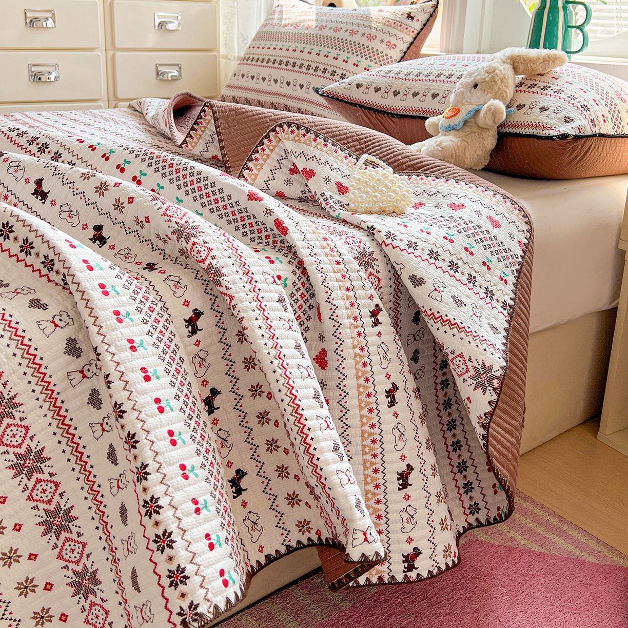 91家纺网 家纺一手货源 找家纺 恒尚居 2026新款A类贝壳绣泡芙纱床盖四套件泡芙棉双层纱床垫床褥 费尔岛小狗