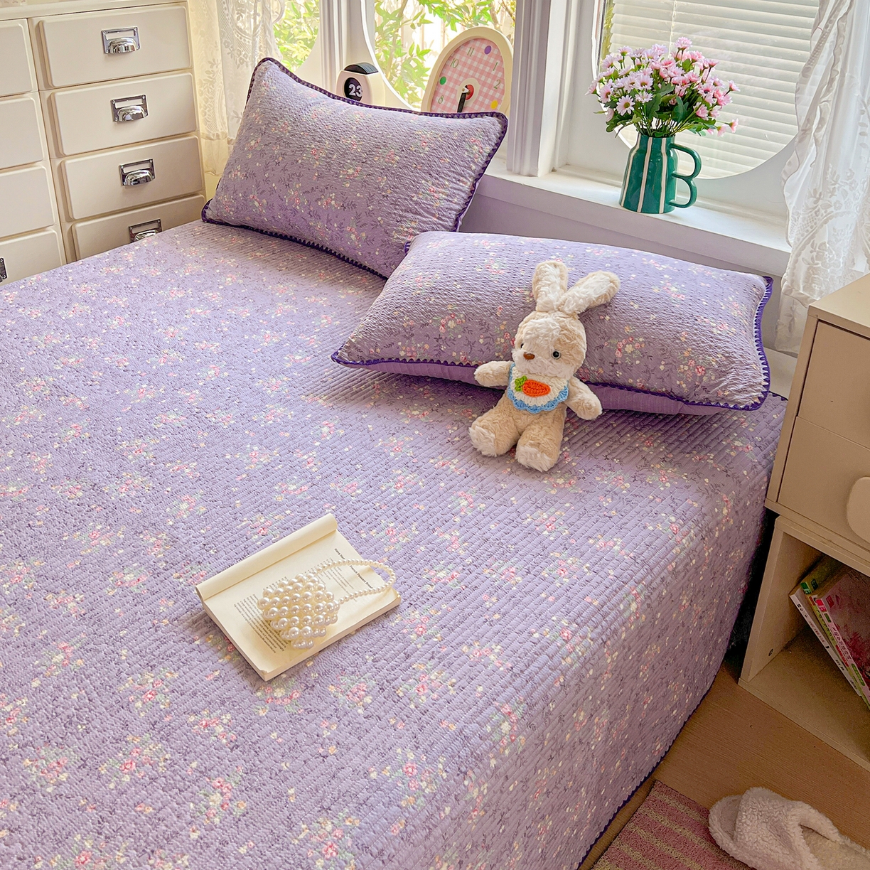 91家纺网 家纺一手货源 找家纺 恒尚居 2026新款A类贝壳绣泡芙纱床盖四套件泡芙棉双层纱床垫床褥 花间紫