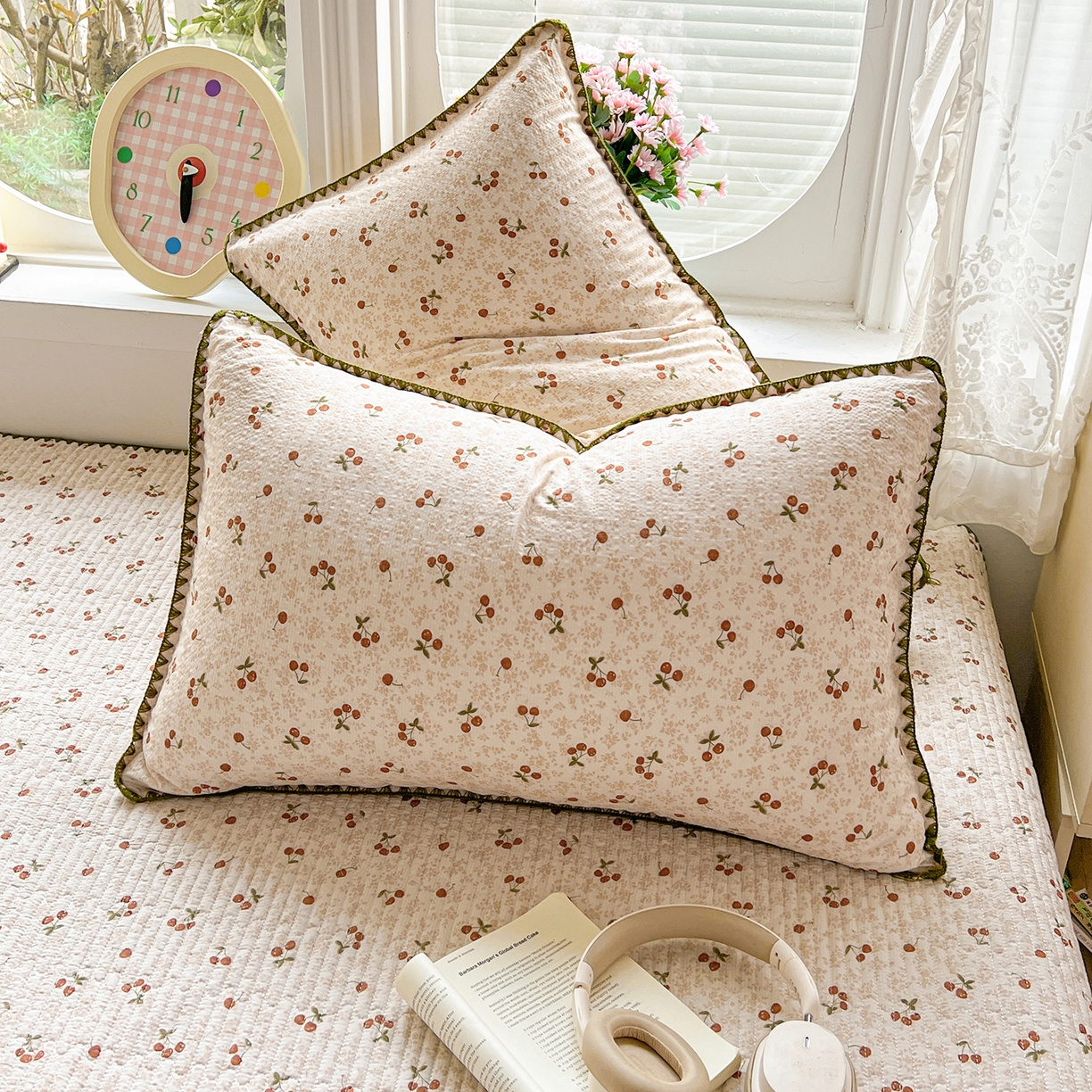 91家纺网 家纺一手货源 找家纺 恒尚居 2026新款A类贝壳绣泡芙纱床盖四套件泡芙棉双层纱床垫床褥 满地樱桃