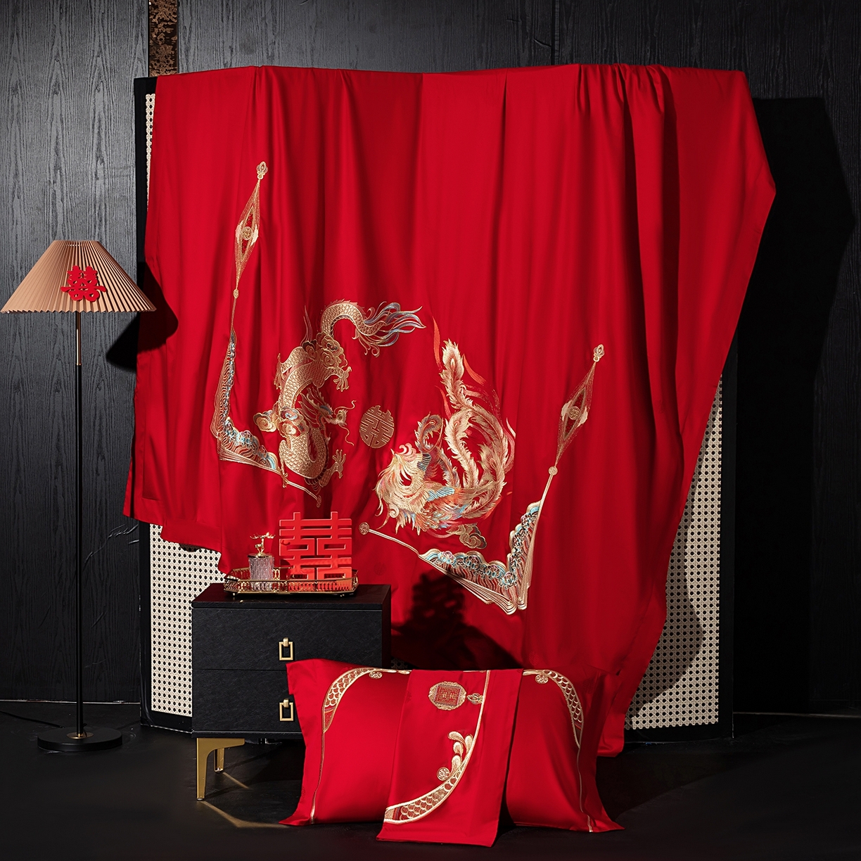 91家纺网 家纺一手货源 找家纺 蒂爵 2026婚庆新疆长绒棉纯棉原版大绣花婚庆四件套多件套340系列 龙凤婚约