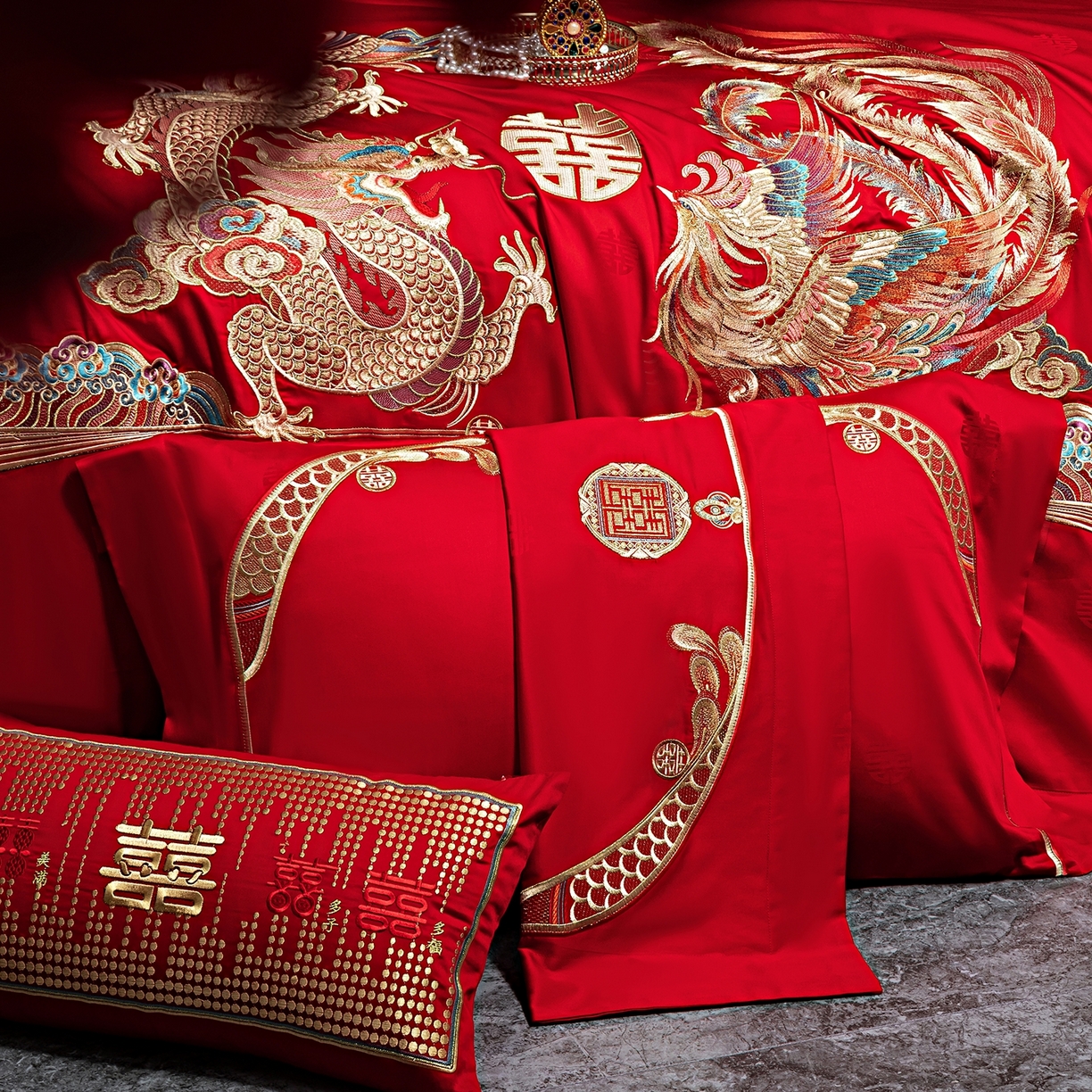 91家纺网 家纺一手货源 找家纺 蒂爵 2026婚庆新疆长绒棉纯棉原版大绣花婚庆四件套多件套340系列 龙凤婚约