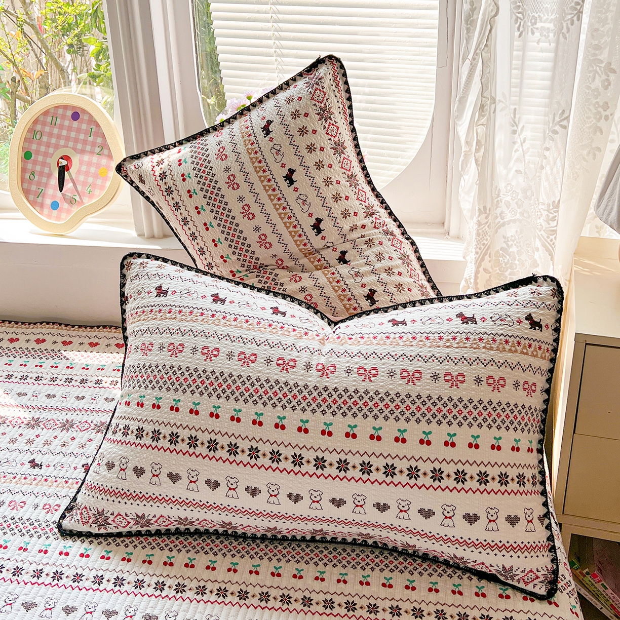 91家纺网 家纺一手货源 找家纺 恒尚居 2026新款A类贝壳绣泡芙纱床盖四套件泡芙棉双层纱床垫床褥 费尔岛小狗