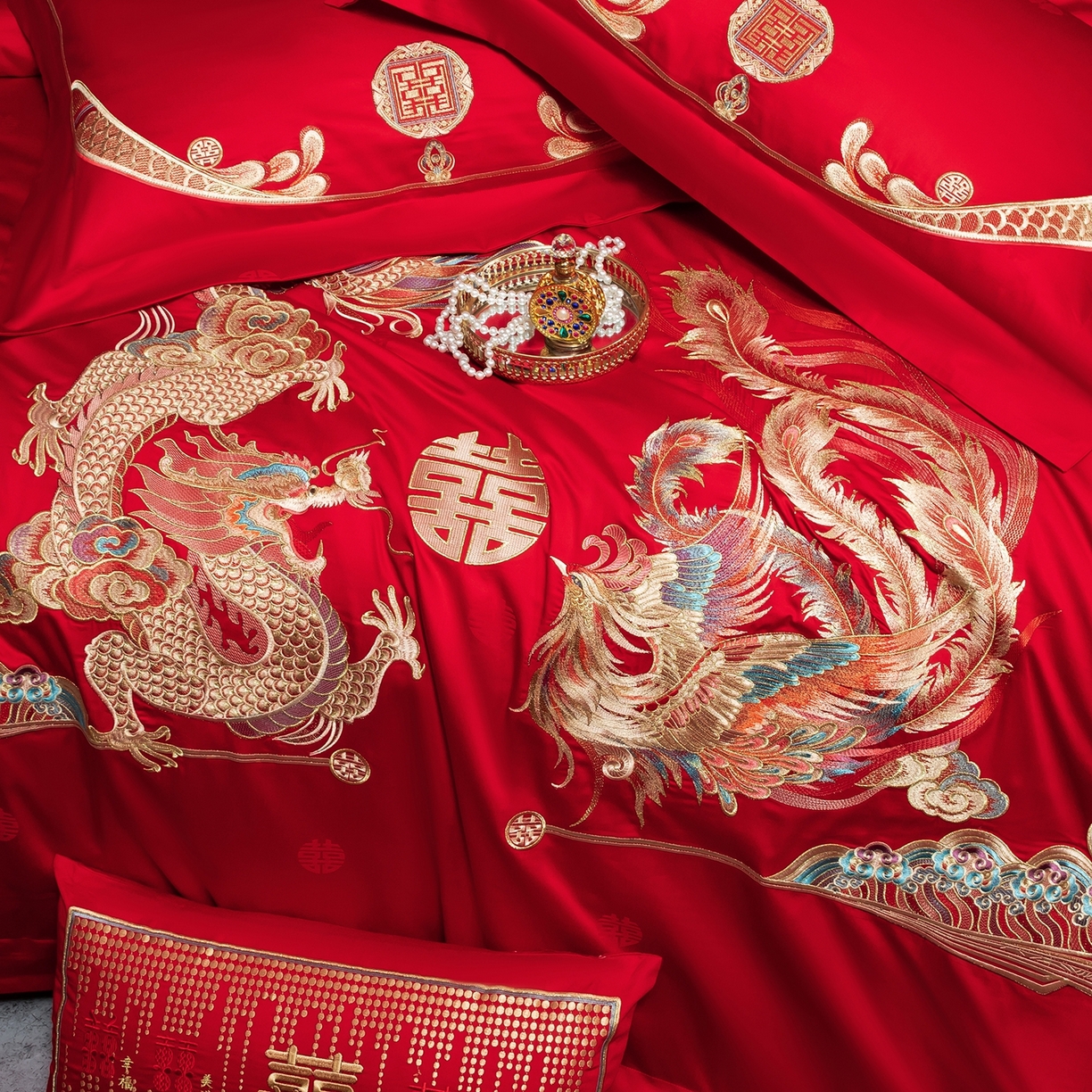 91家纺网 家纺一手货源 找家纺 蒂爵 2026婚庆新疆长绒棉纯棉原版大绣花婚庆四件套多件套340系列 龙凤婚约