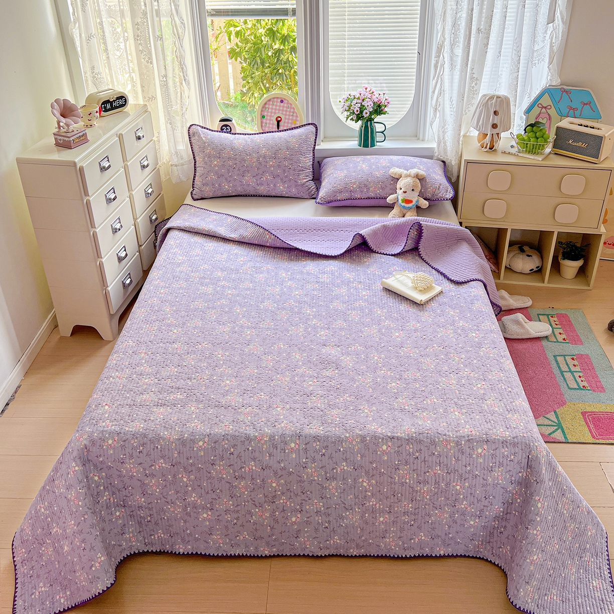 恒尚居 2026新款A类贝壳绣泡芙纱床盖四套件泡芙棉双层纱床垫床褥 花间紫