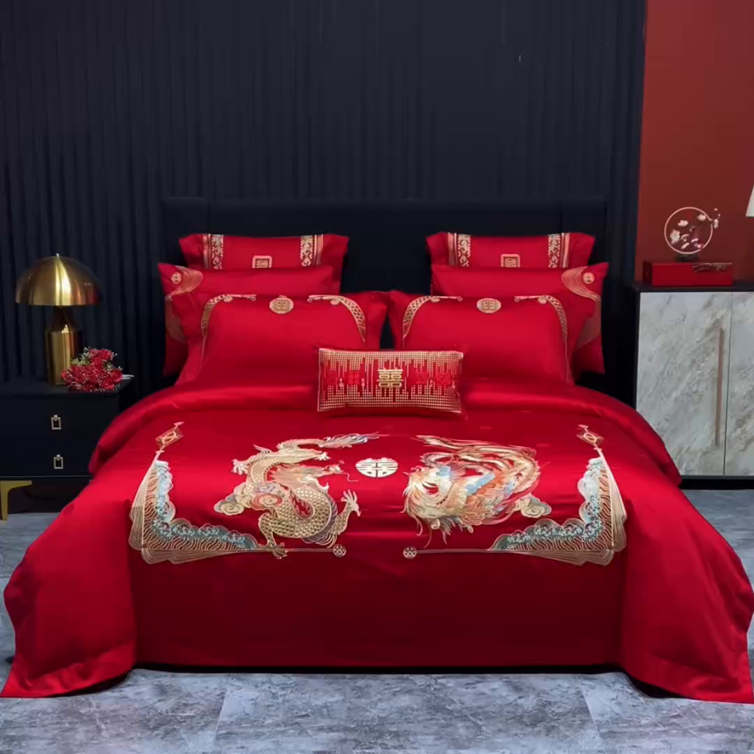 91家纺网 家纺一手货源 找家纺 蒂爵 2026婚庆新疆长绒棉纯棉原版大绣花婚庆四件套多件套340系列 龙凤婚约