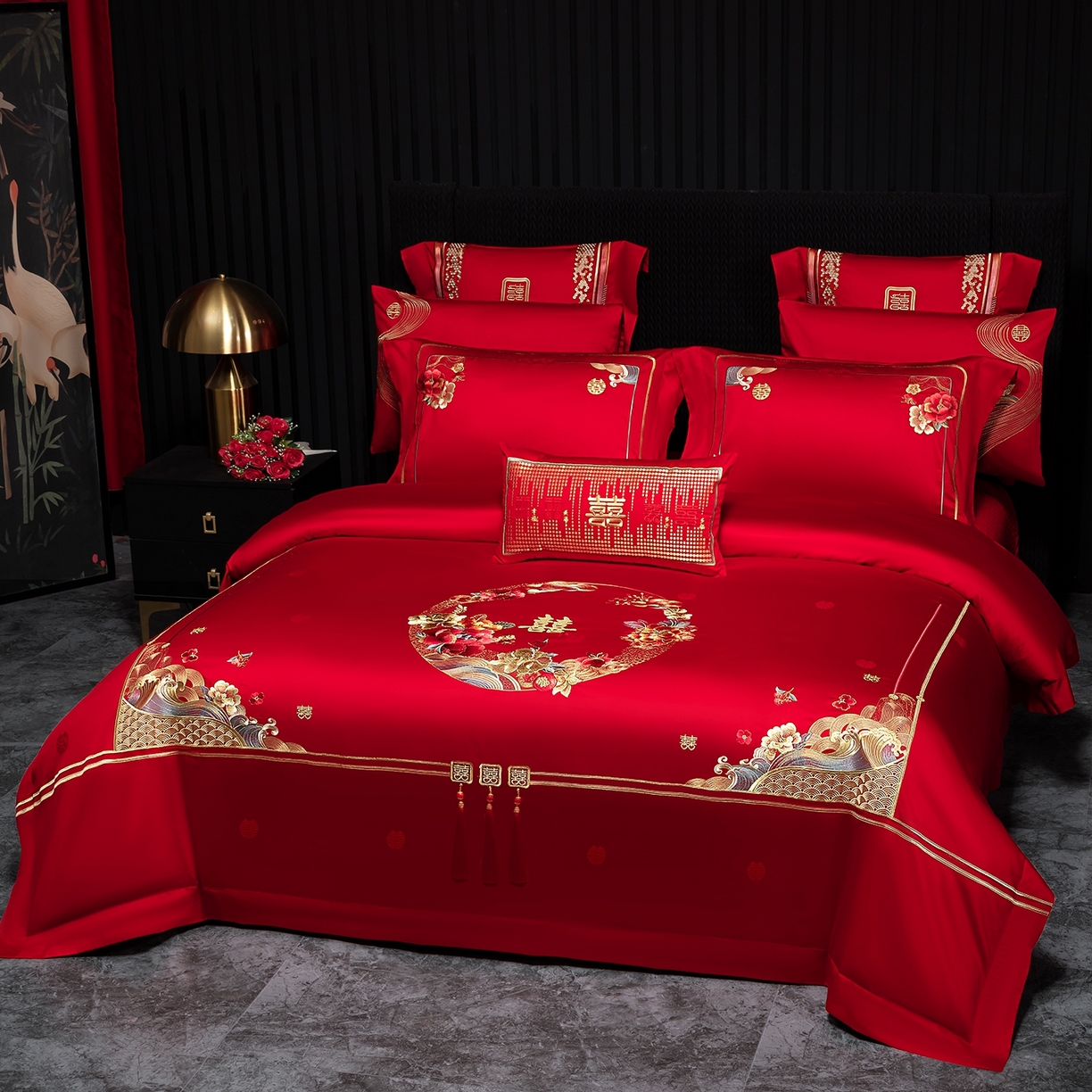 91家纺网 家纺一手货源 找家纺 蒂爵 2026婚庆新疆长绒棉纯棉原版大绣花婚庆四件套多件套340系列 盛世红妆