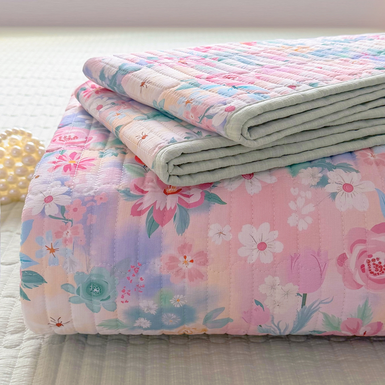 91家纺网 家纺一手货源 找家纺 悠米悠家 2026春夏新款木棉双层纱单床盖 床盖单件 雾岛花眠