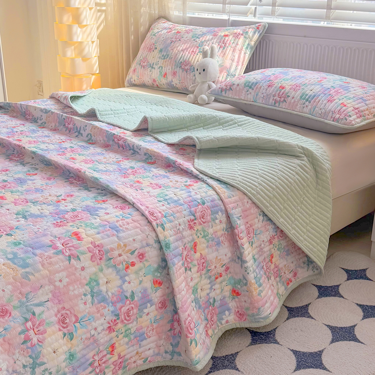 91家纺网 家纺一手货源 找家纺 悠米悠家 2026春夏新款木棉双层纱单床盖 床盖单件 雾岛花眠