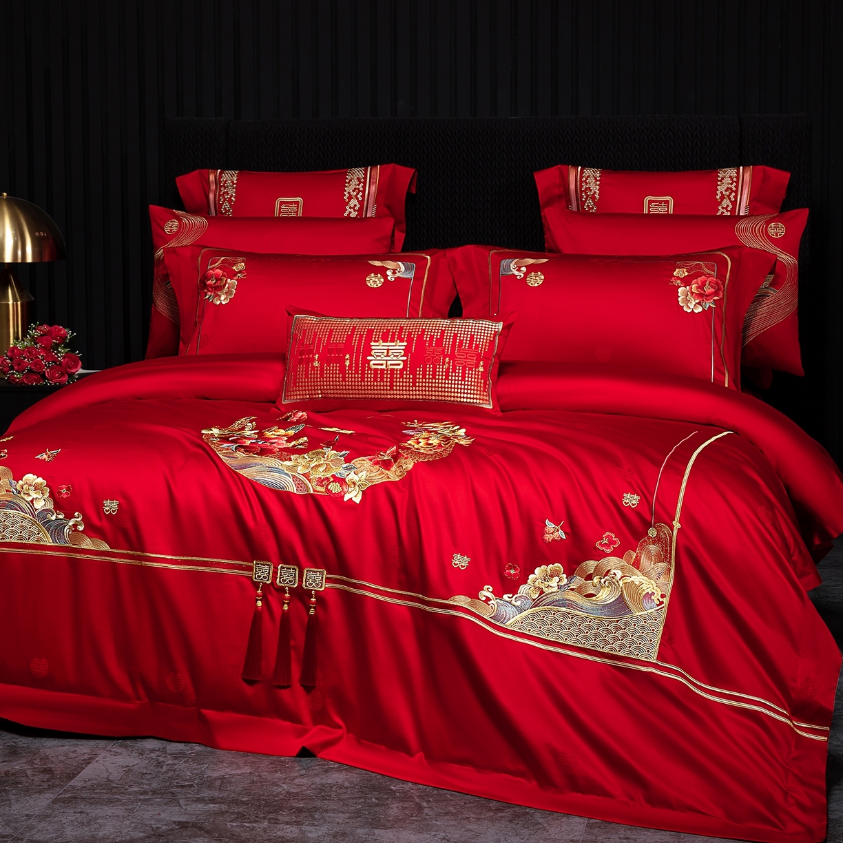 91家纺网 家纺一手货源 找家纺 蒂爵 2026婚庆新疆长绒棉纯棉原版大绣花婚庆四件套多件套340系列 盛世红妆