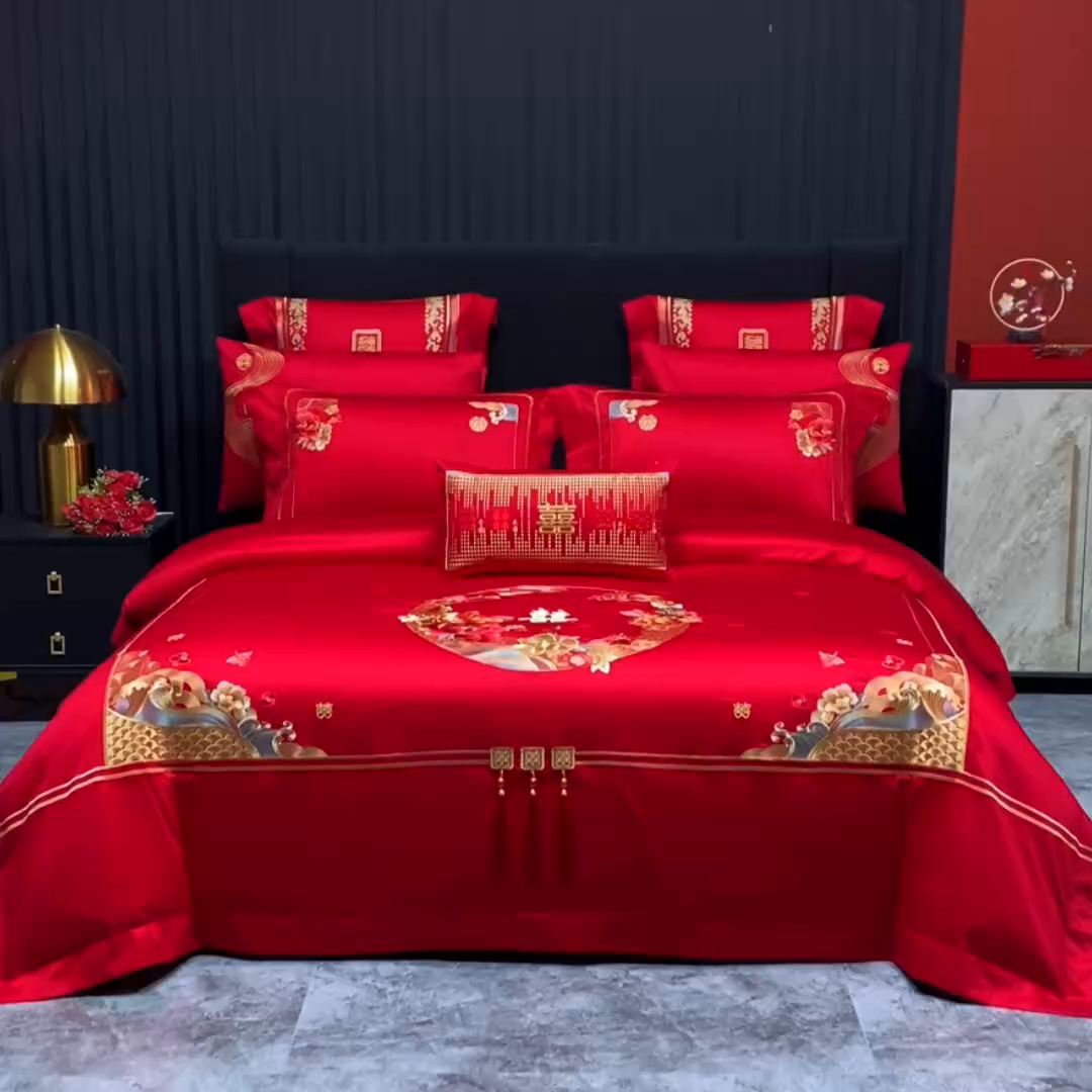 91家纺网 家纺一手货源 找家纺 蒂爵 2026婚庆新疆长绒棉纯棉原版大绣花婚庆四件套多件套340系列 盛世红妆
